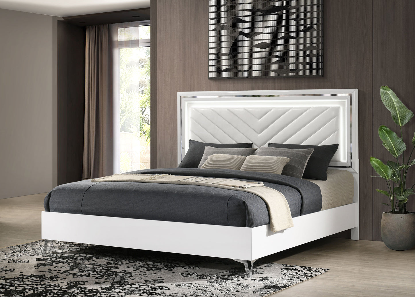 Cassia Eastern King LED Panel Bed White High Gloss - Discount Furniture Connection