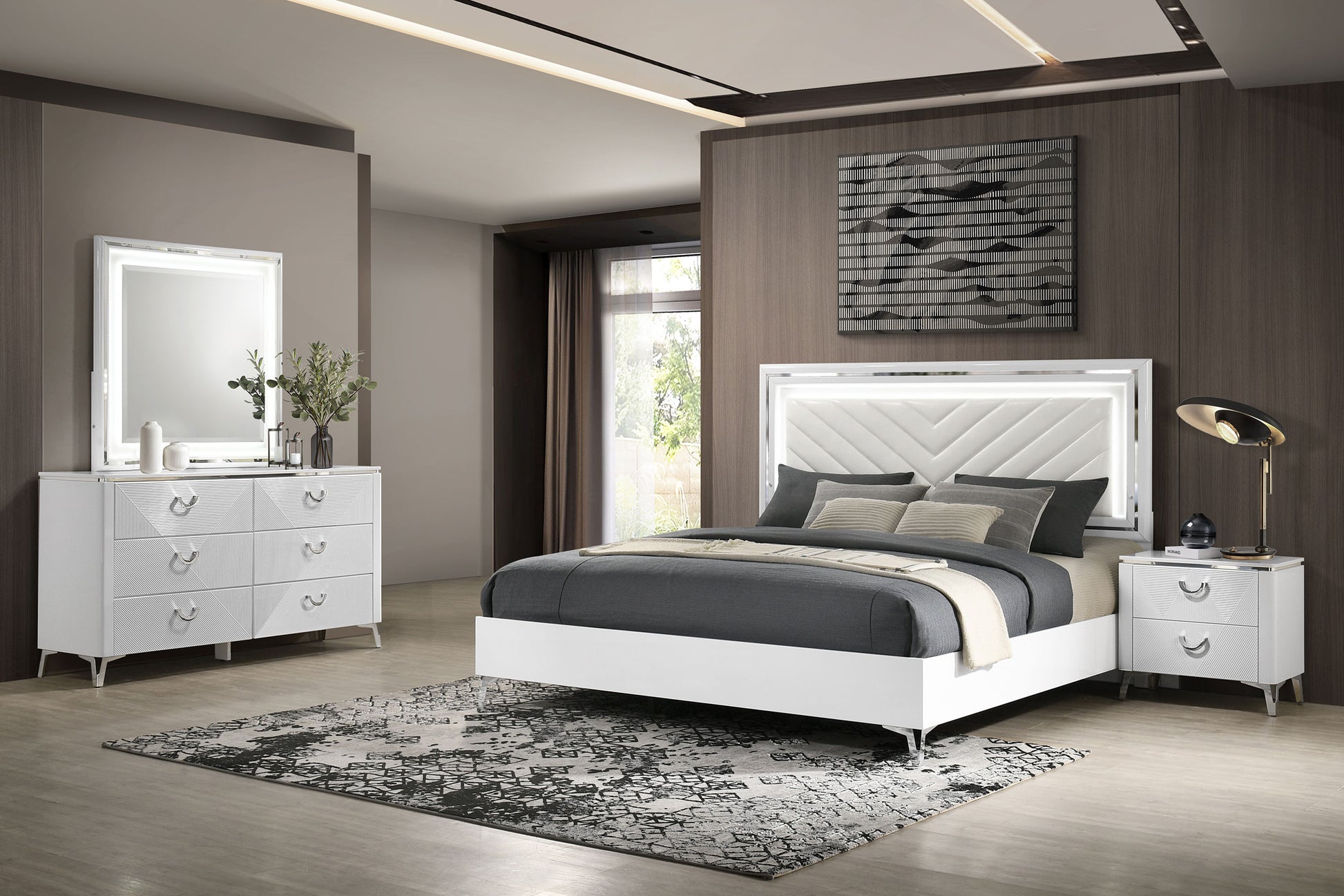 Cassia 4-piece Eastern King LED Bedroom Set White High Gloss - Discount Furniture Connection