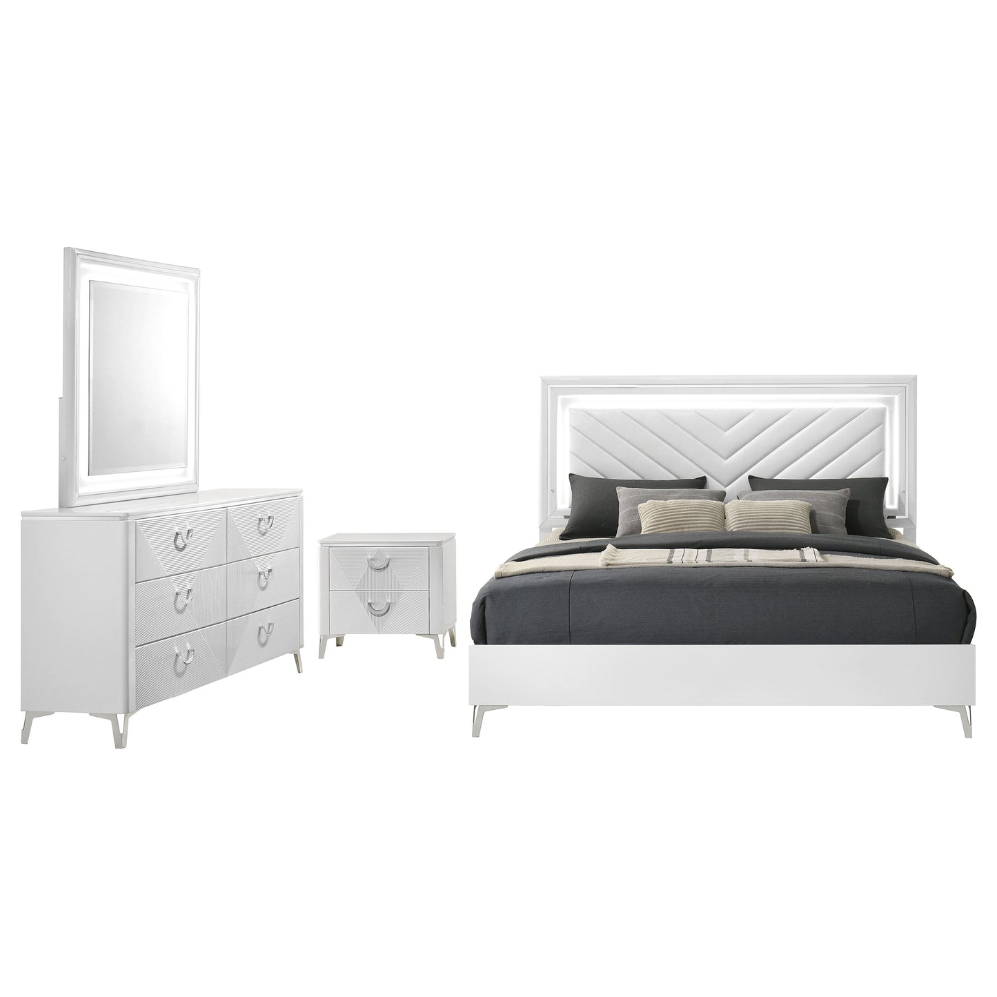 Cassia 4-piece Queen LED Bedroom Set White High Gloss - Discount Furniture Connection