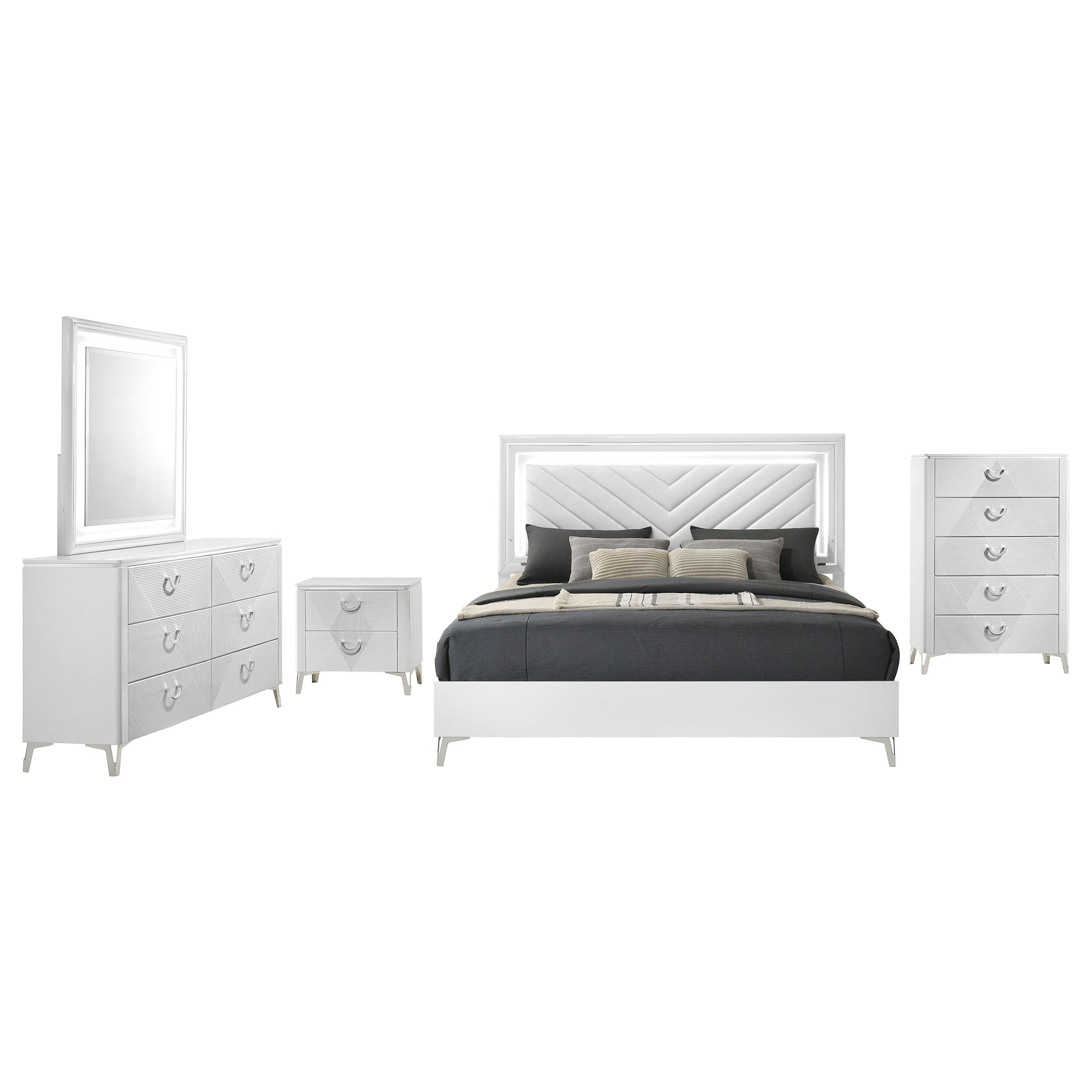 Cassia 5-piece Queen LED Bedroom Set White High Gloss - Discount Furniture Connection