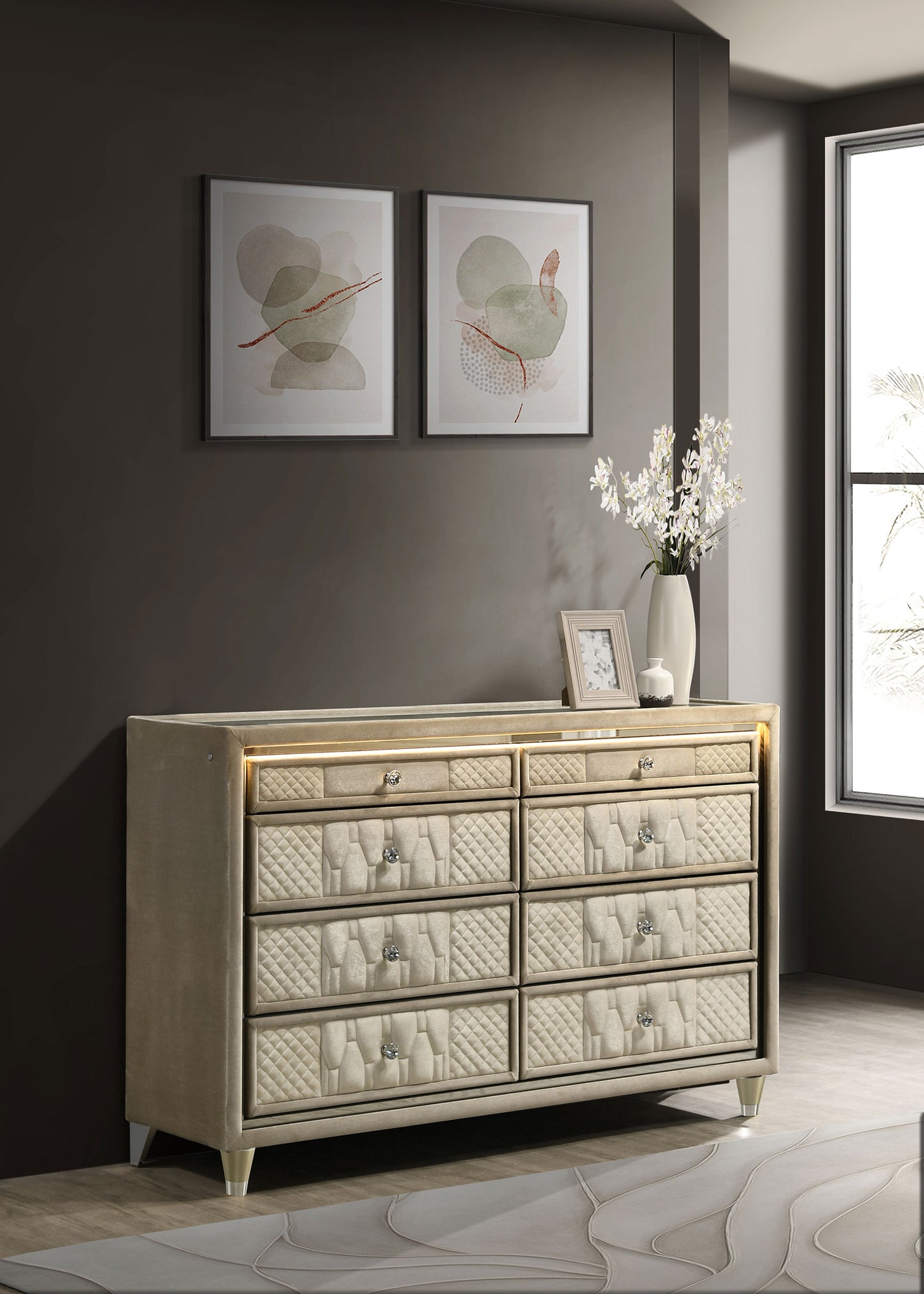 Lorient 8-drawer LED Bedroom Dresser Cabinet Ivory and Camel - Discount Furniture Connection