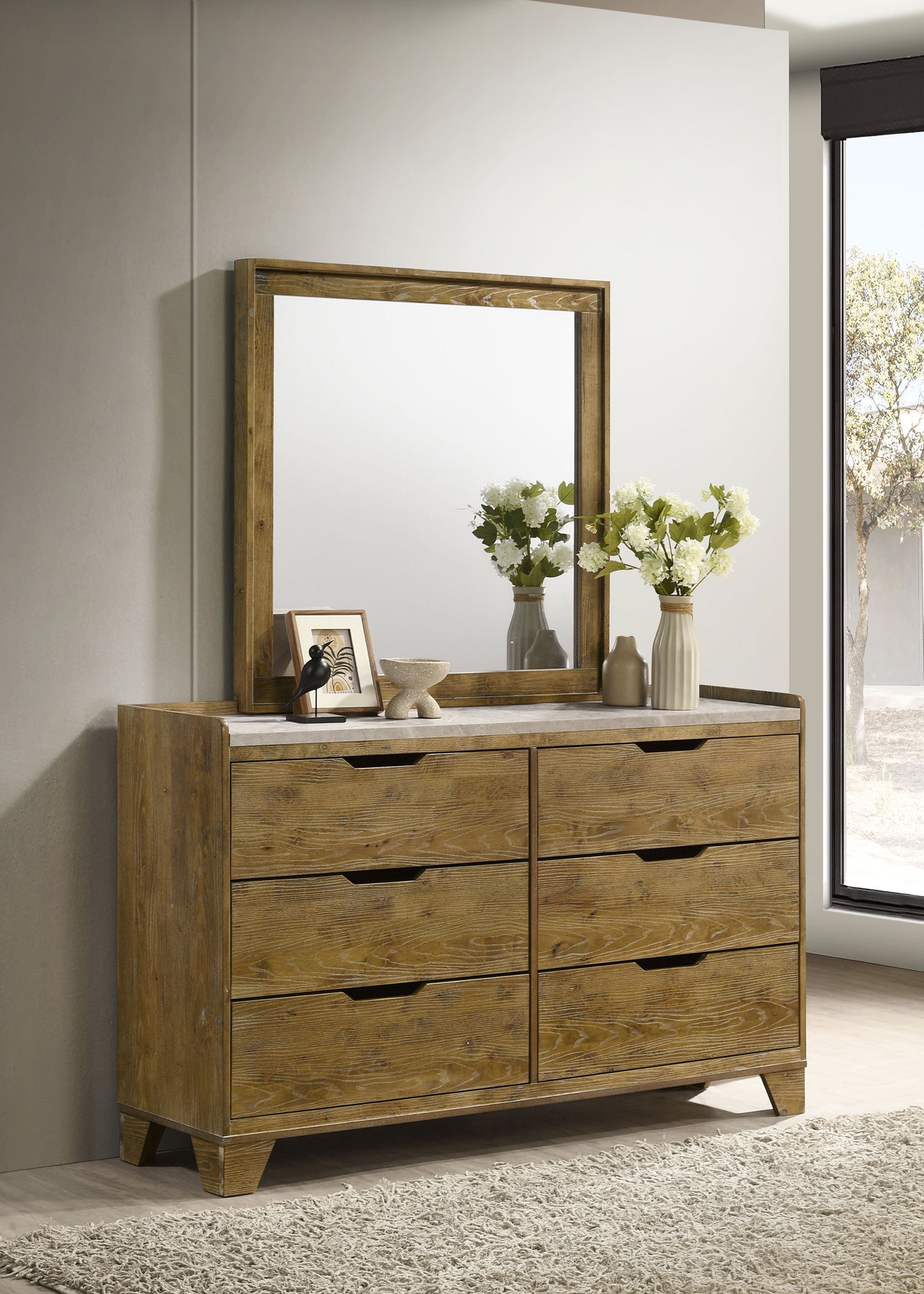 Henderson 6-drawer Bedroom Dresser with Mirror Medium Oak - Discount Furniture Connection