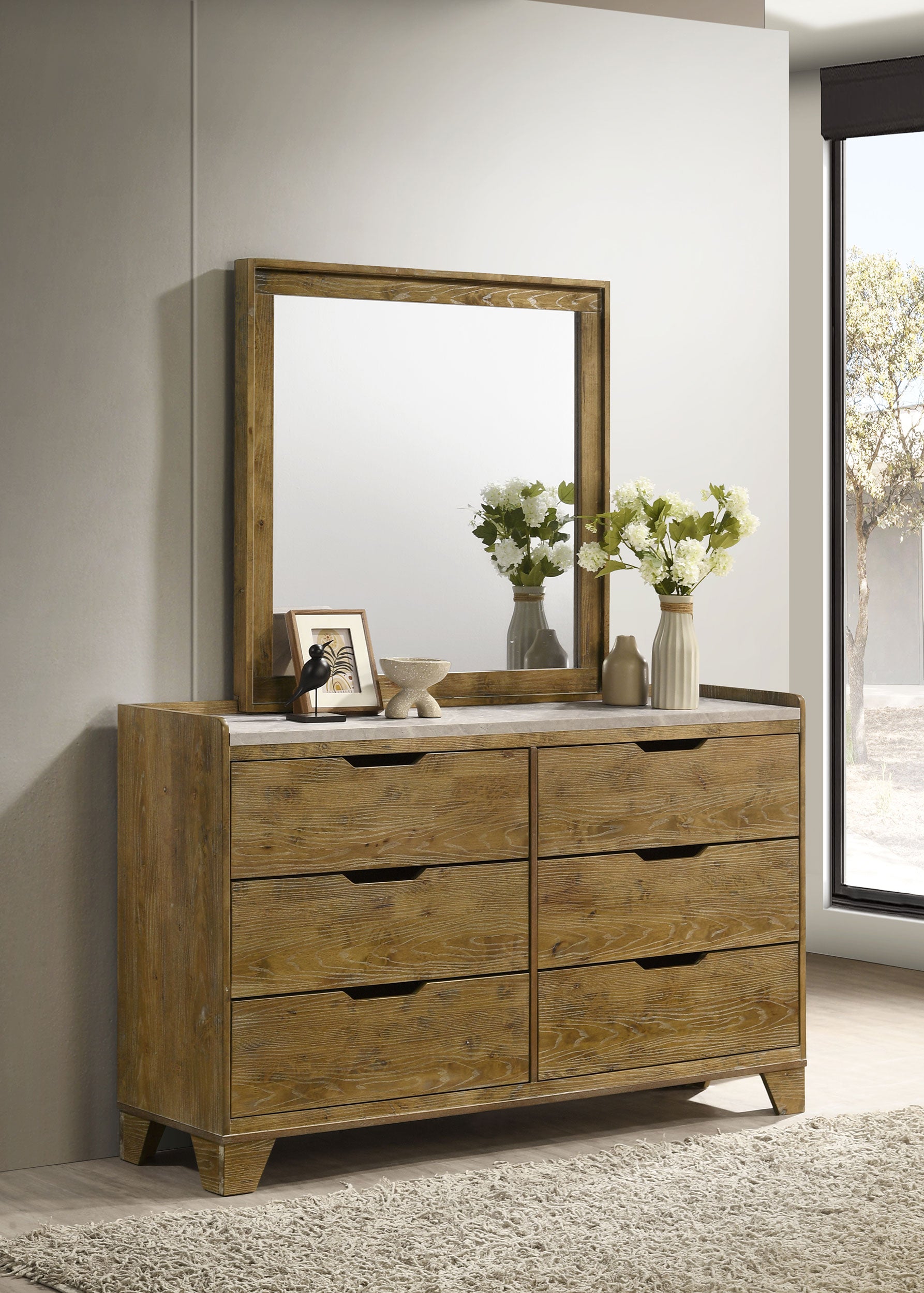 Henderson 6-drawer Bedroom Dresser with Mirror Medium Oak - Discount Furniture Connection