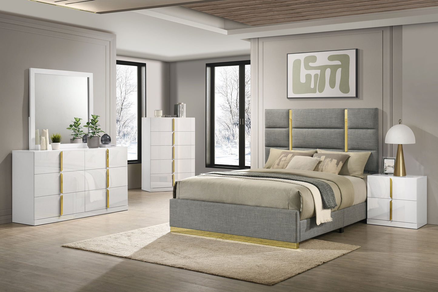 Ines 5-piece Eastern King Bedroom Set Grey and White High Gloss - Discount Furniture Connection