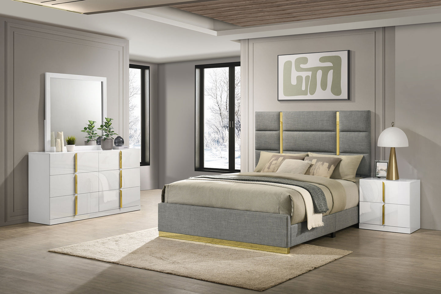Ines 4-piece Queen Bedroom Set Grey and White High Gloss - Discount Furniture Connection