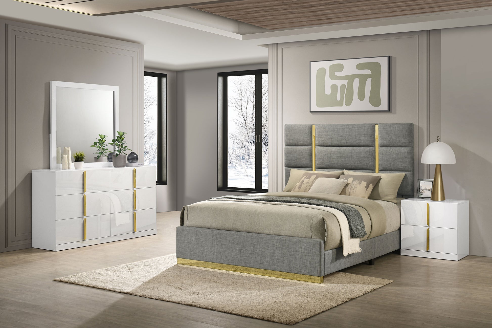 Ines 4-piece Eastern King Bedroom Set Grey and White High Gloss - Discount Furniture Connection