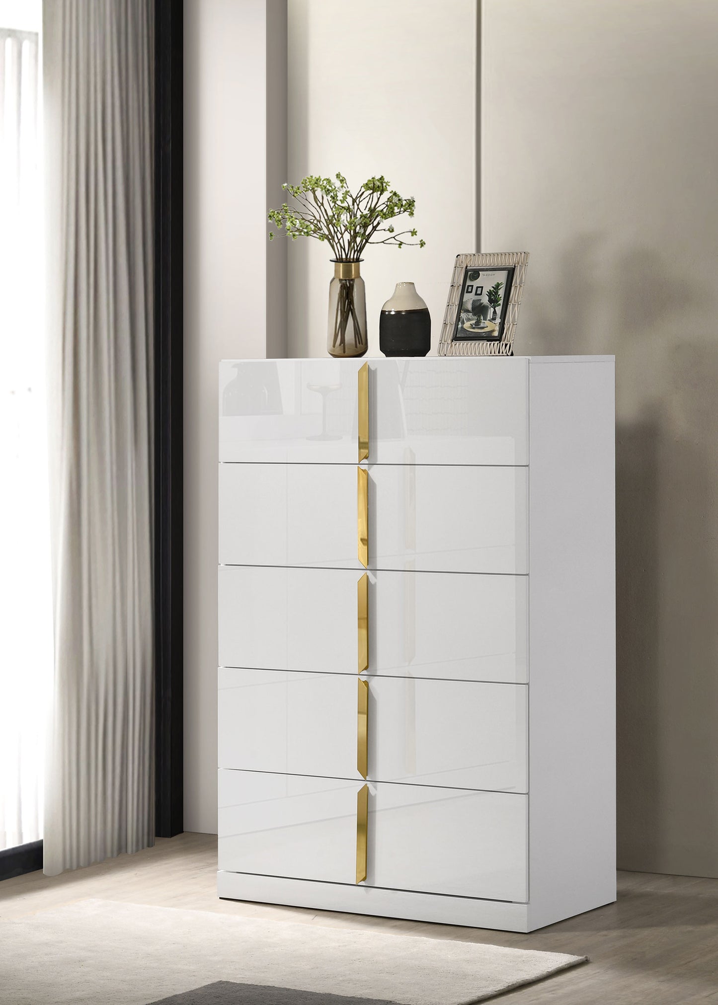 Ines 5-drawer Bedroom Chest of Drawers White High Gloss - Discount Furniture Connection