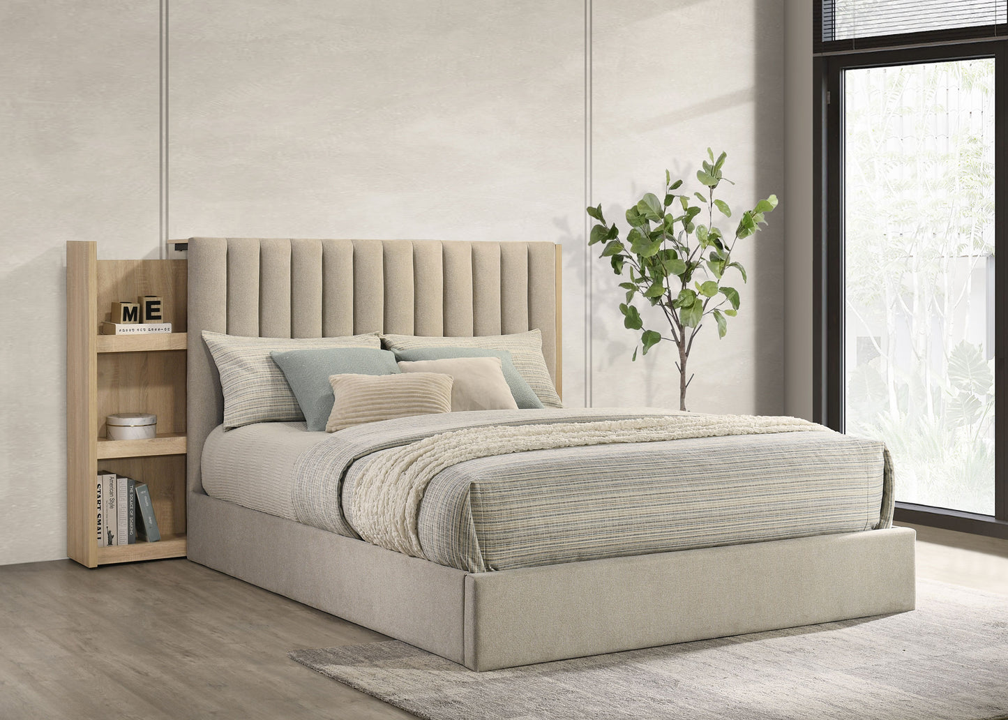 Arielle Queen Bookcase Panel Storage Bed Light Oak