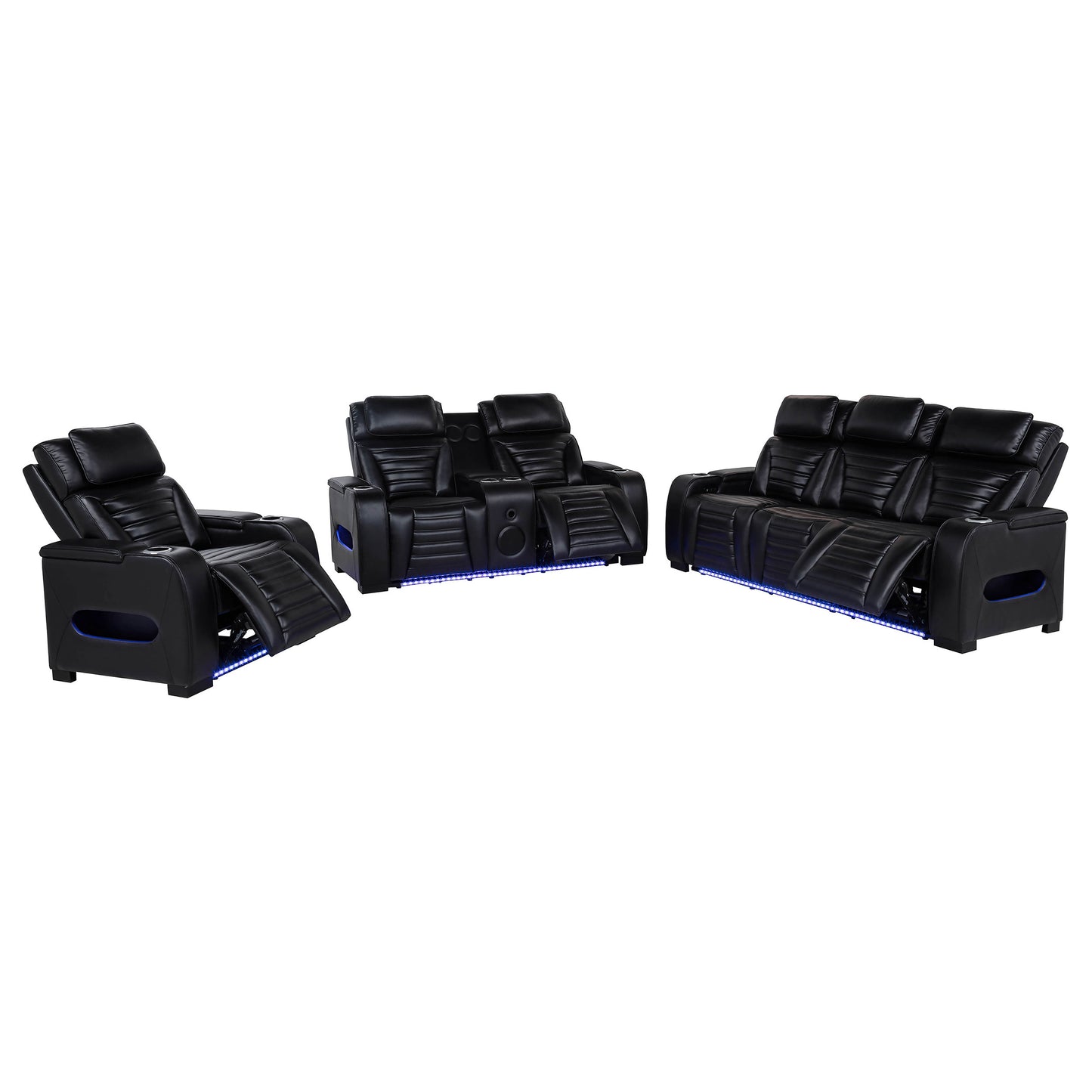 Zuma 3-piece Faux Leather Dual Power LED Sofa Set Black