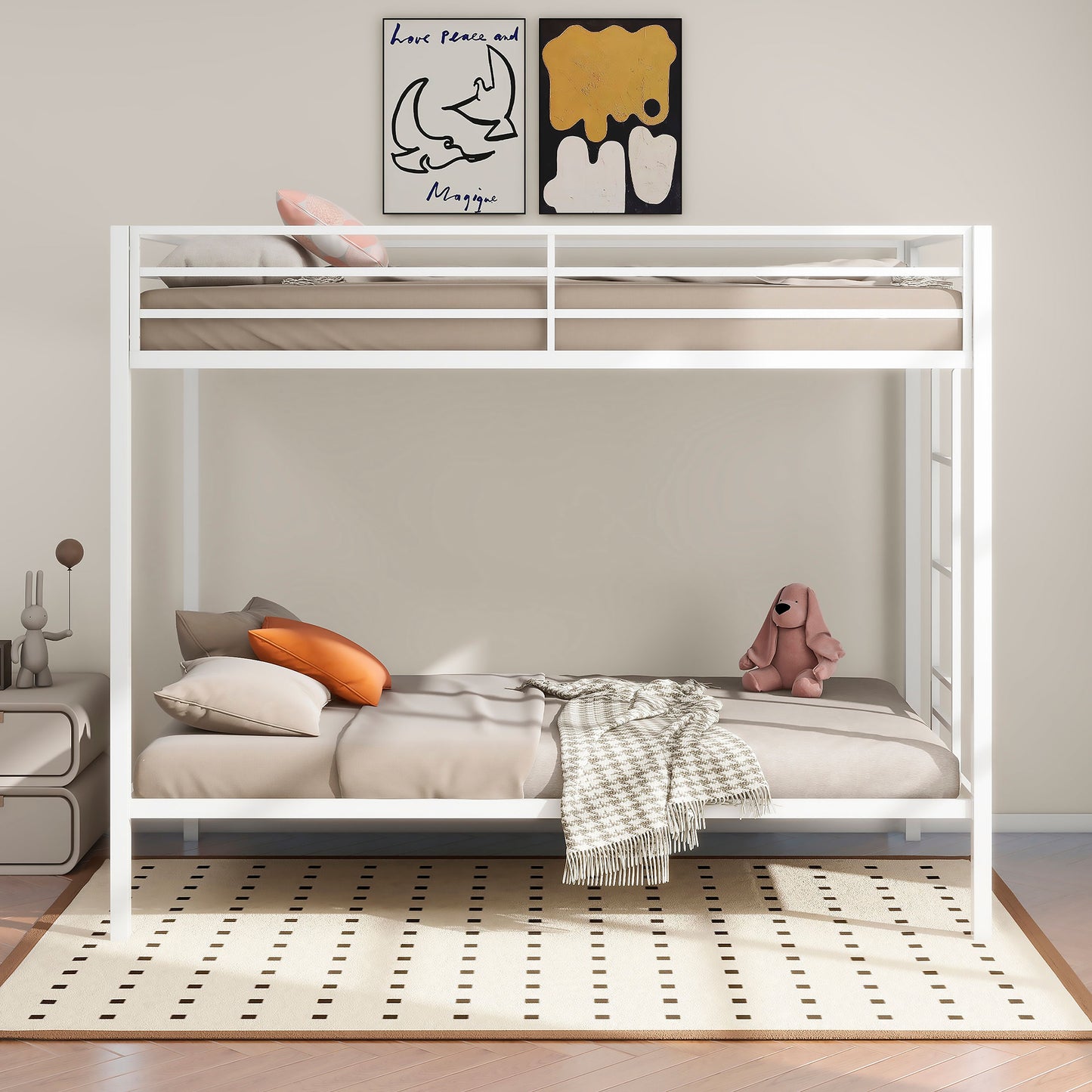 Alevera Metal Twin Over Twin Bunk Bed with Ladder White