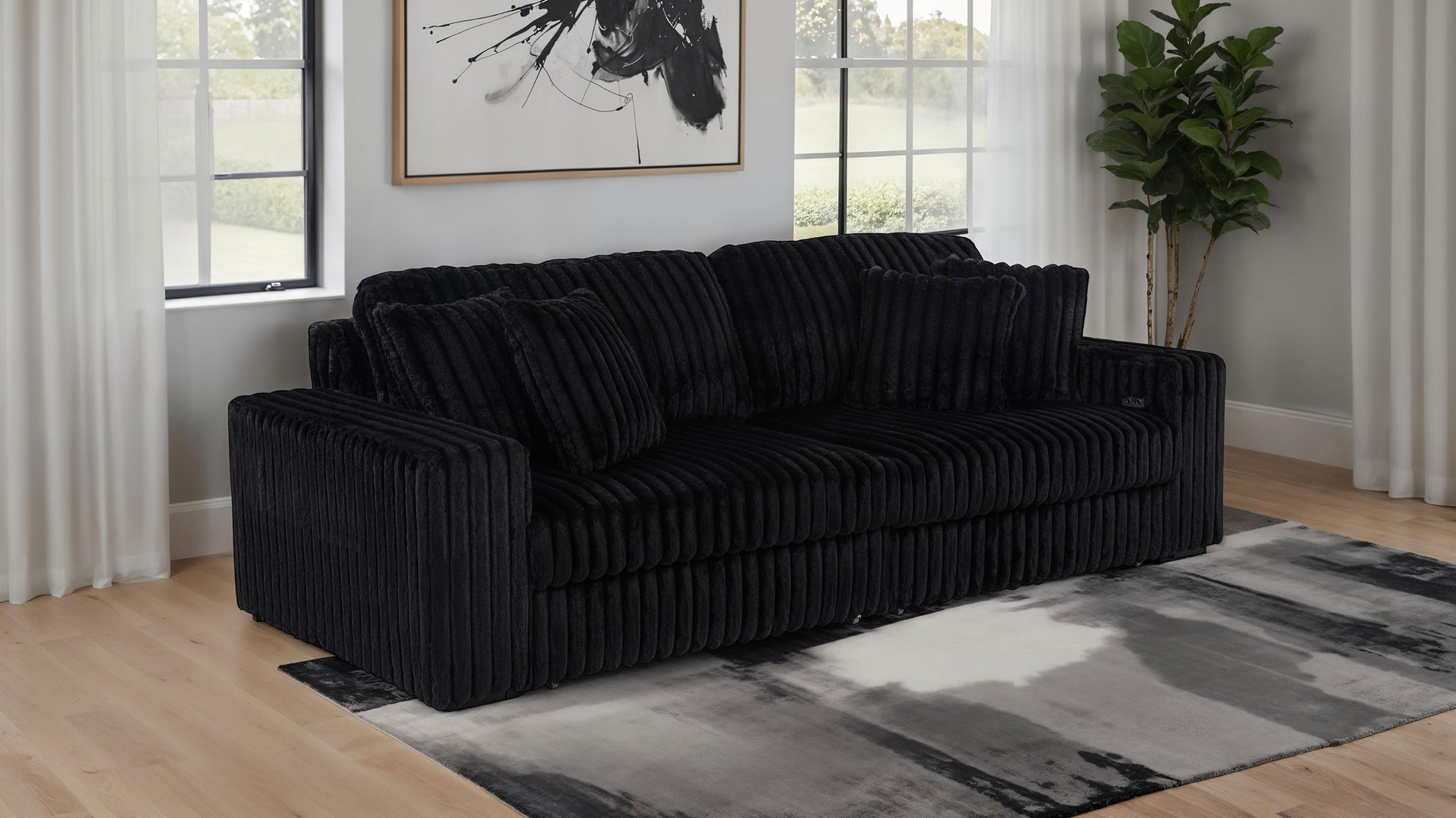 Jacana Corduroy Upholstered Dual Power Chaise Sofa Black - Discount Furniture Connection
