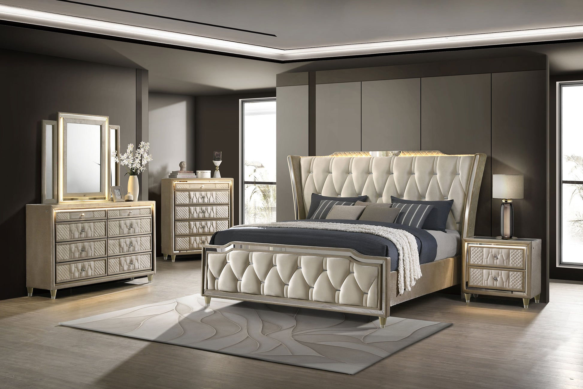 Lorient 8-drawer LED Bedroom Dresser Cabinet Ivory and Camel - Discount Furniture Connection