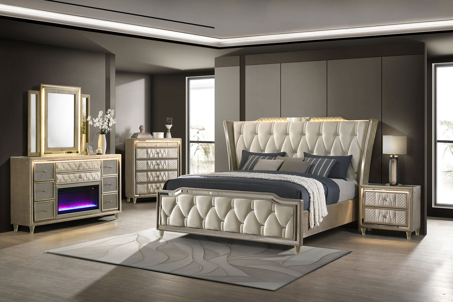Lorient 5-drawer LED Chest of Drawers Ivory and Camel