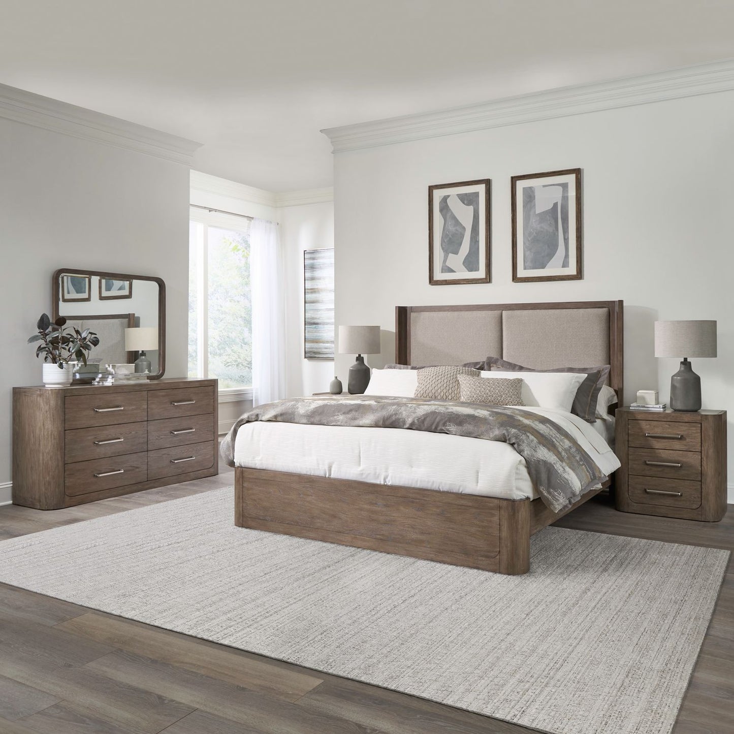 Queen Shelter Bed, Dresser & Mirror, Night Stand