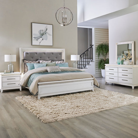 Queen Uph Bed, Dresser & Mirror, Night Stand
