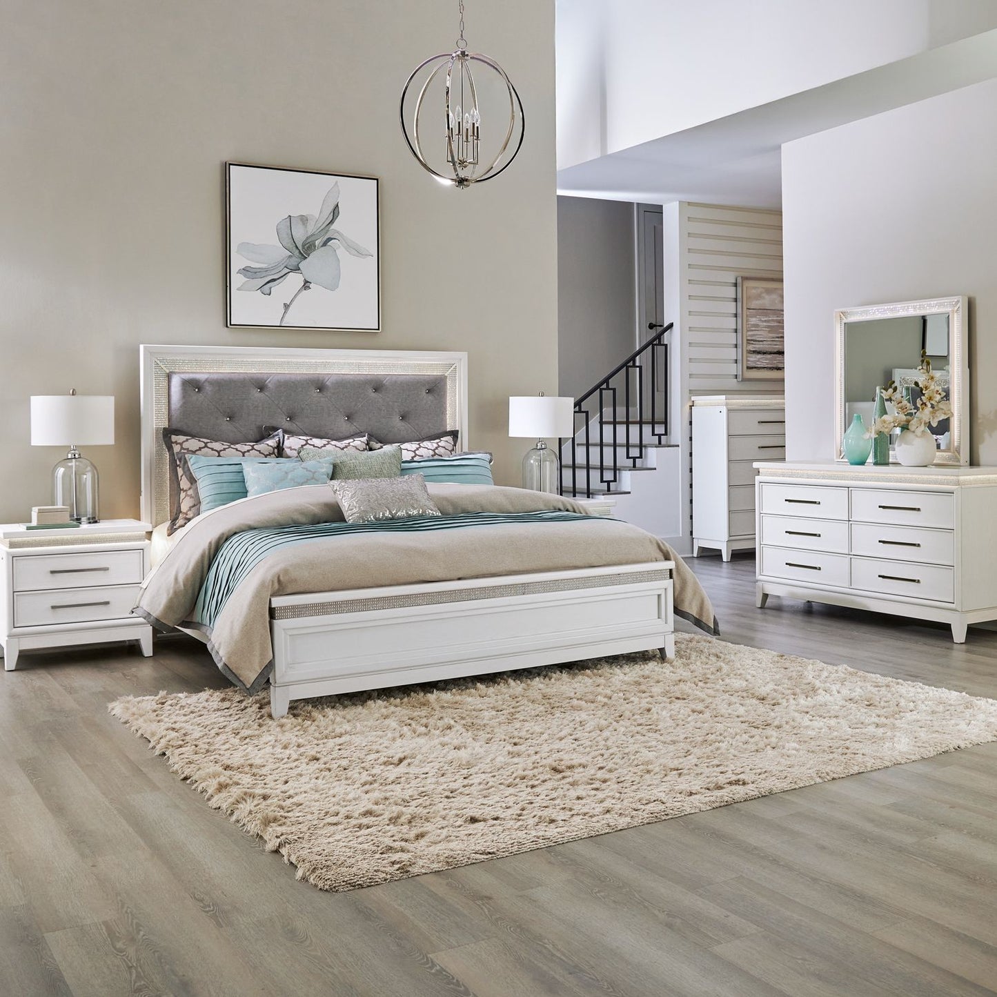 Queen Uph Bed, Dresser & Mirror, Chest, Night Stand