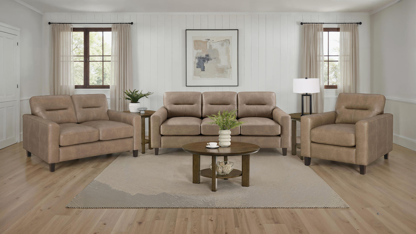Scotland Faux Leather Upholstered Track Arm Loveseat Brown - Discount Furniture Connection