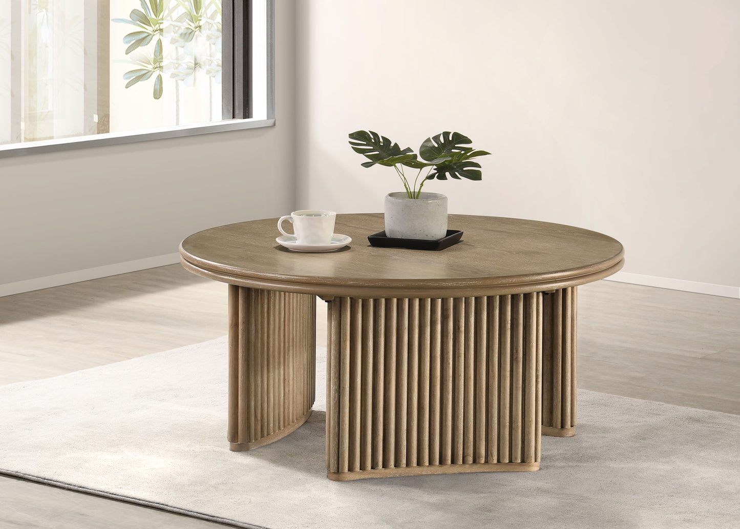 Adina 36-inch Round Wood Coffee Table Distressed Light Brown - Discount Furniture Connection