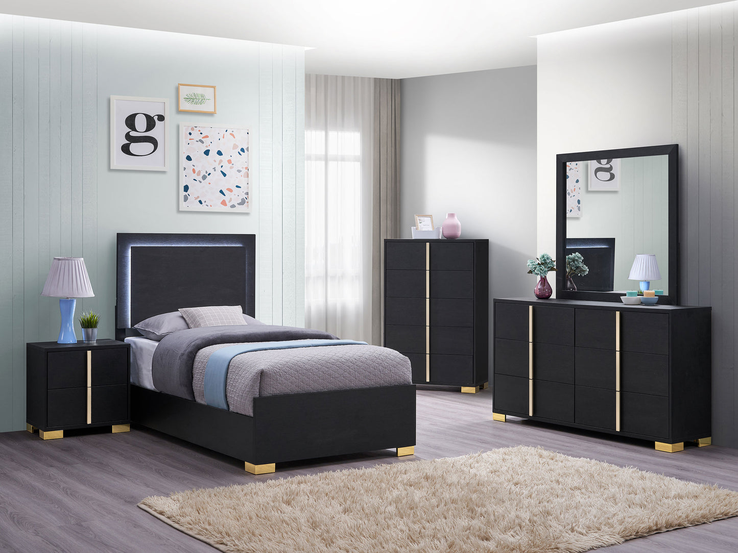 Marceline Wood Twin LED Panel Bed Black - Discount Furniture Connection