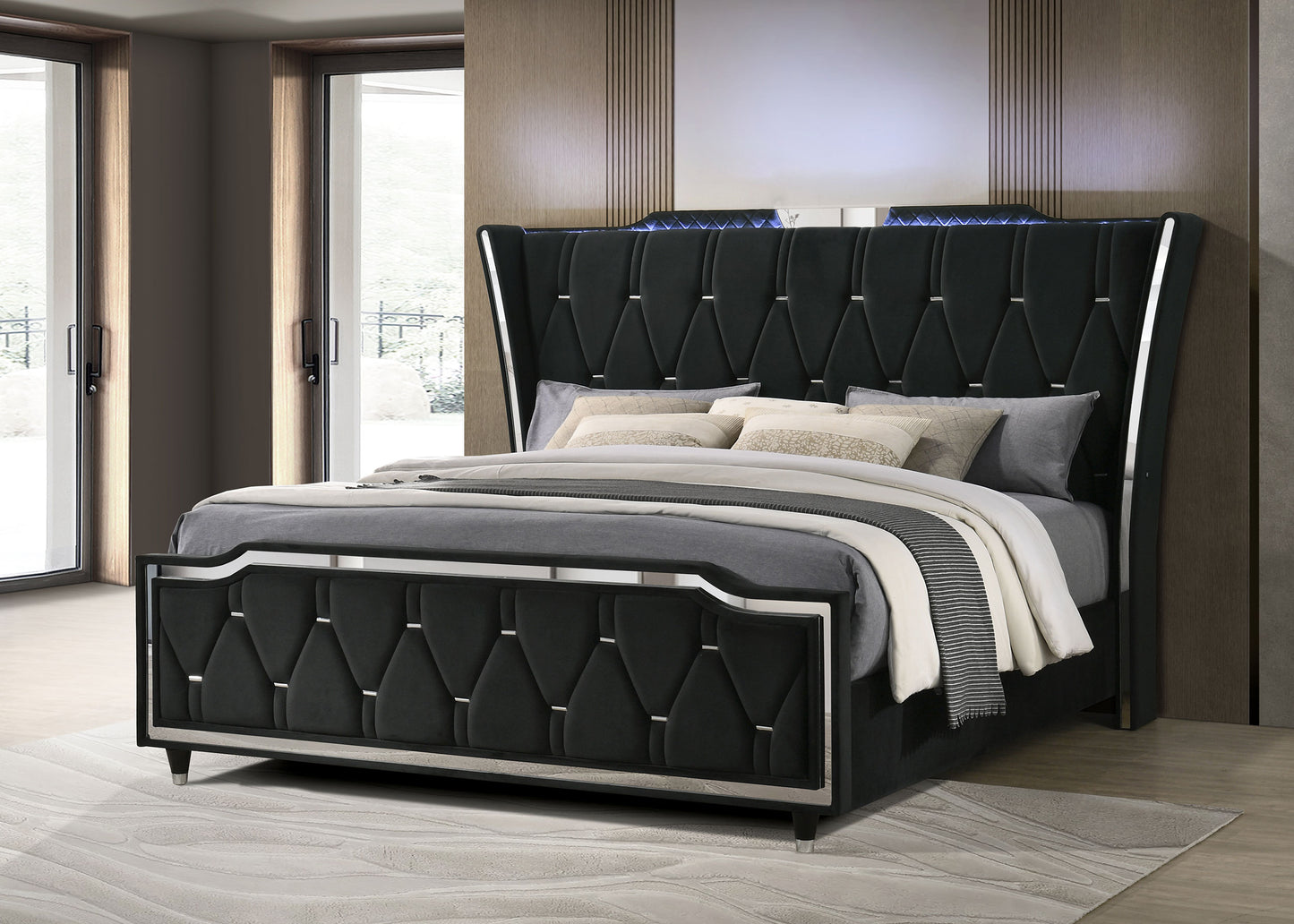 Lorient Eastern King LED Upholstered Bed Black - Discount Furniture Connection
