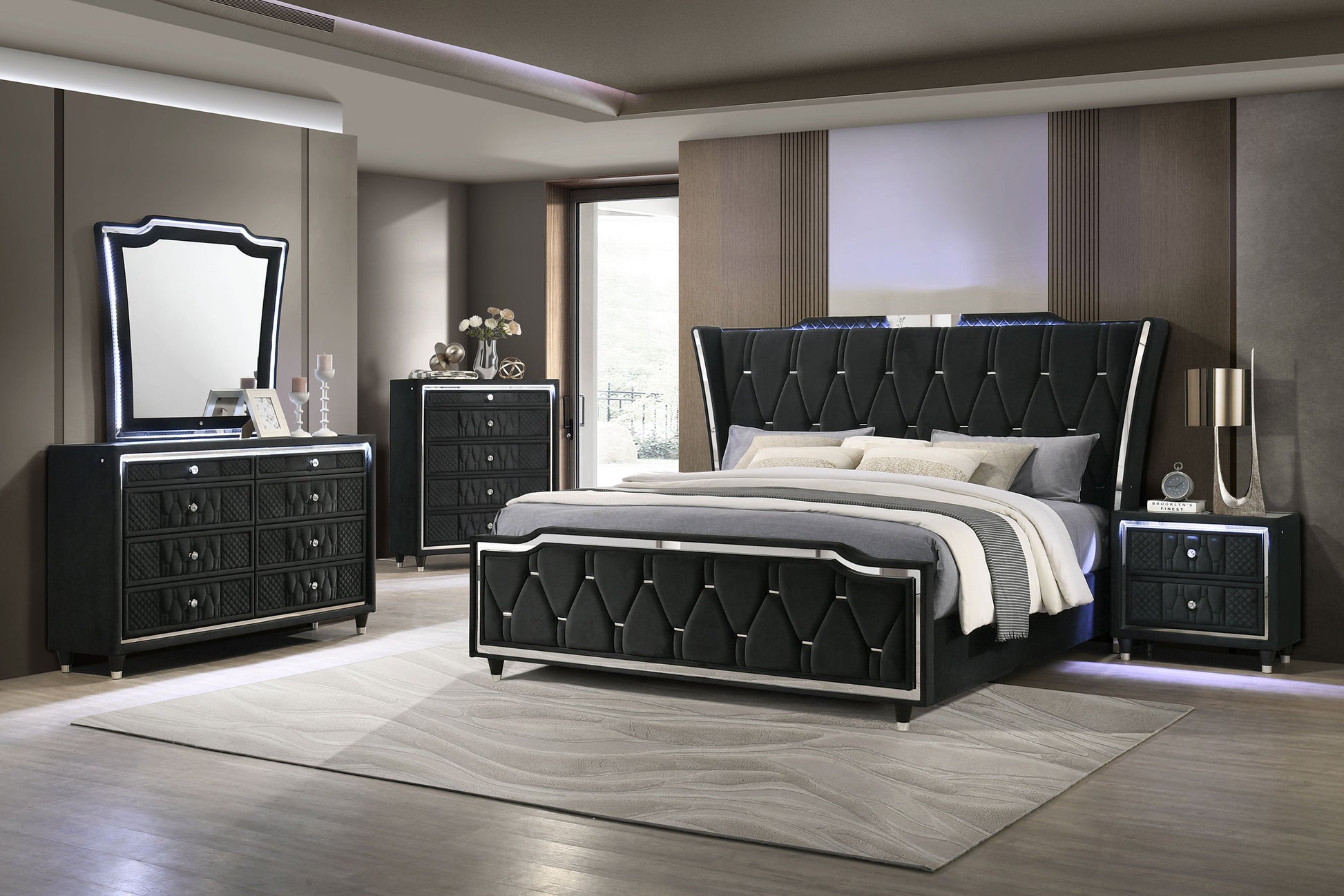Lorient Eastern King LED Upholstered Bed Black - Discount Furniture Connection