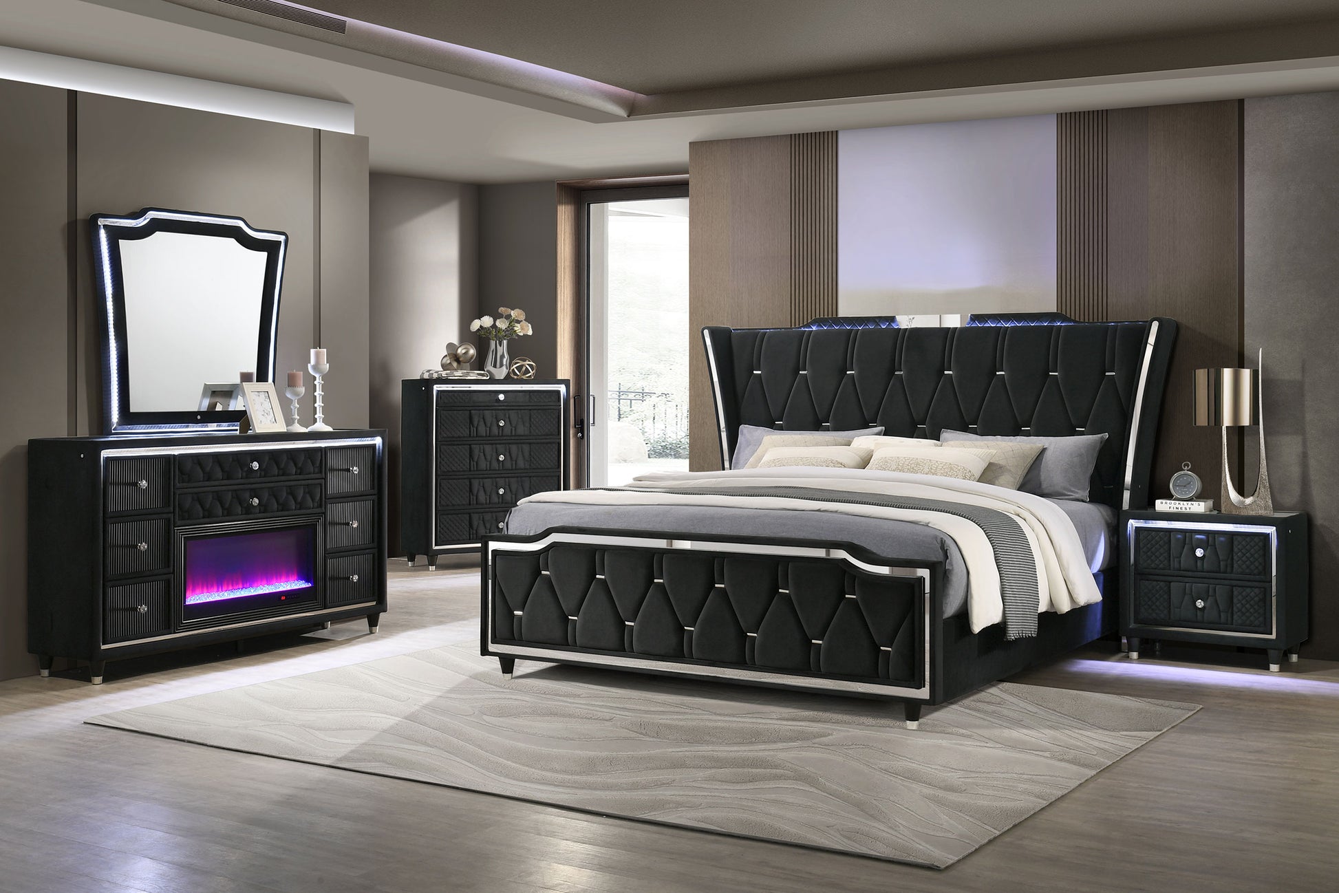 Lorient 8-drawer LED Flame Box Dresser and Mirror Black - Discount Furniture Connection