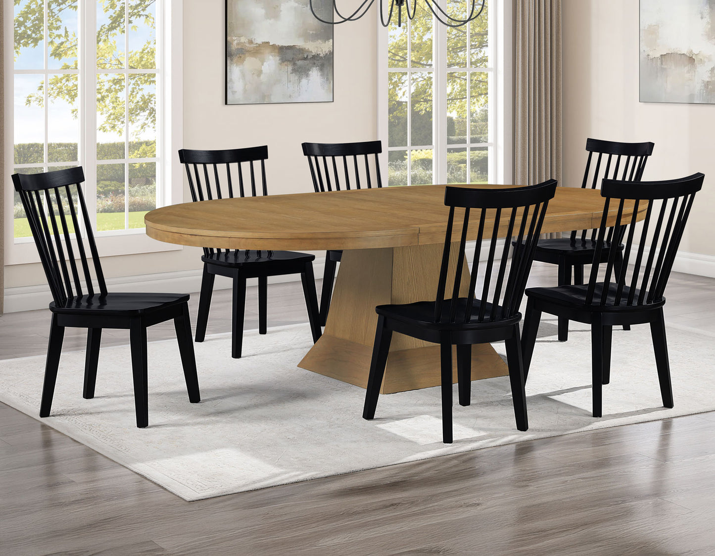 Vaughn 5-Piece 60-96″ w/2-18 Leaves Dining Set, Driftwood & Black Finish