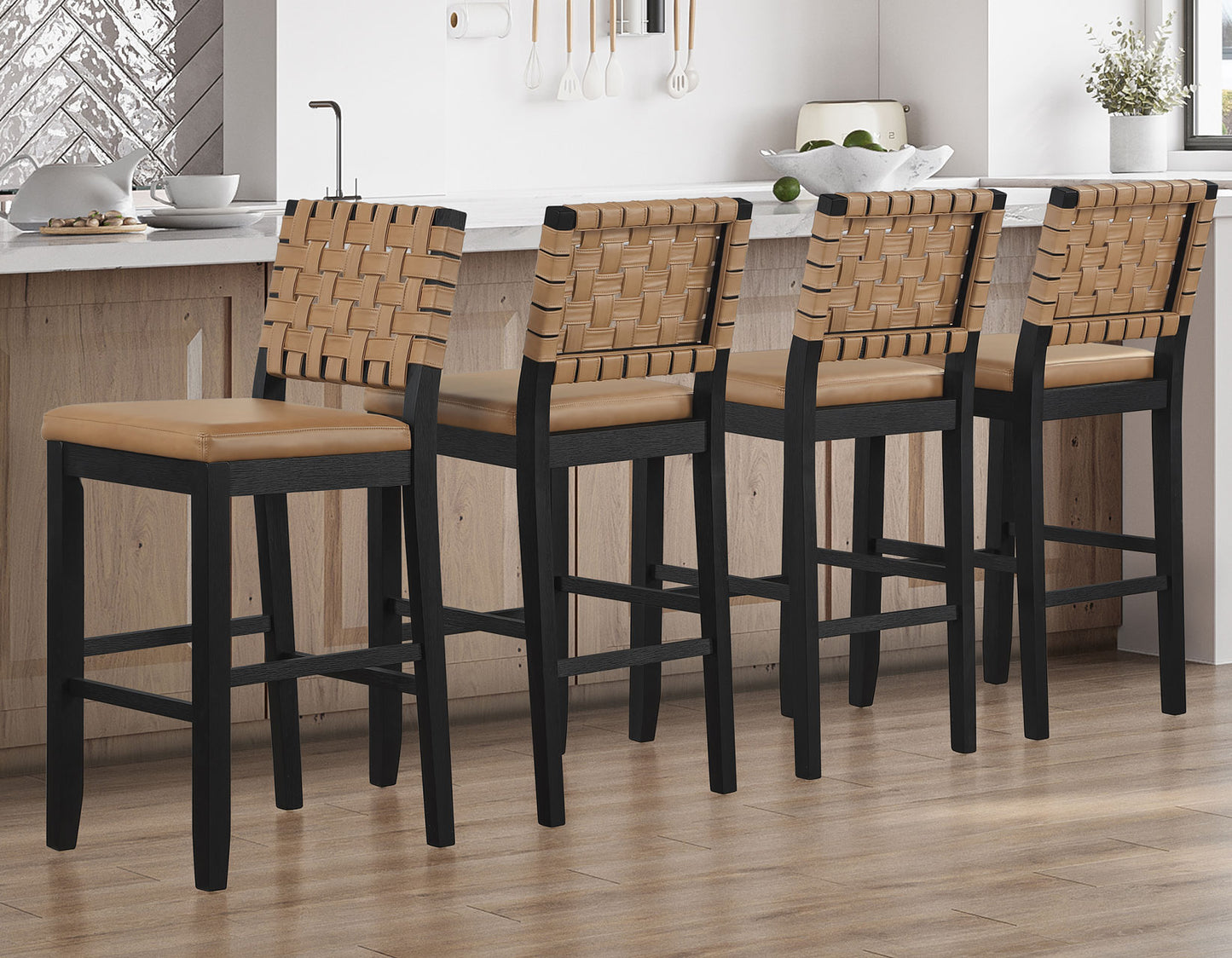 Reid Saddle Brown Vegan Leather 30″ Bar Stool, Black Finish