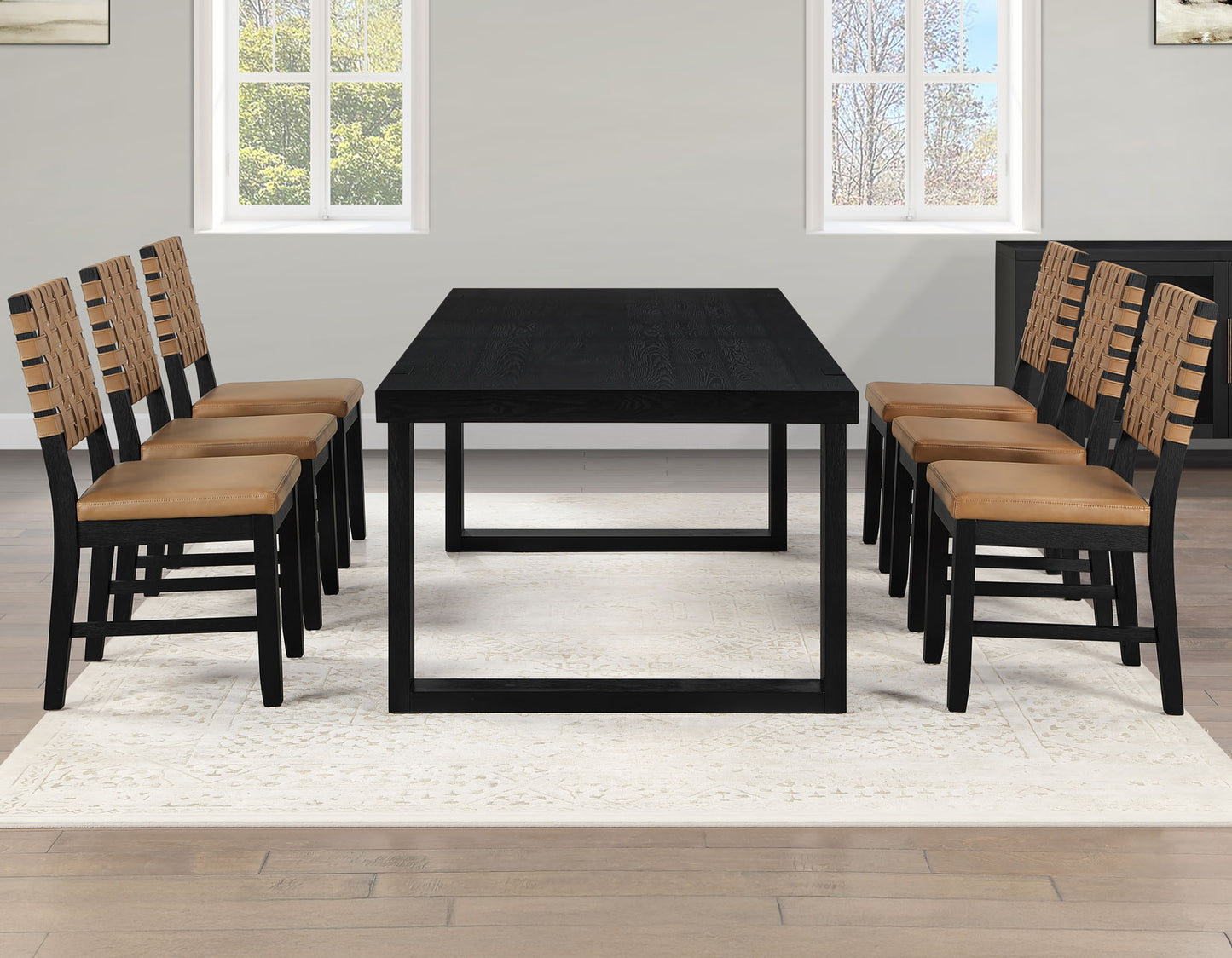 Reid 5-Piece Dining Set, Black Finish with Saddle Brown Vegan Leather