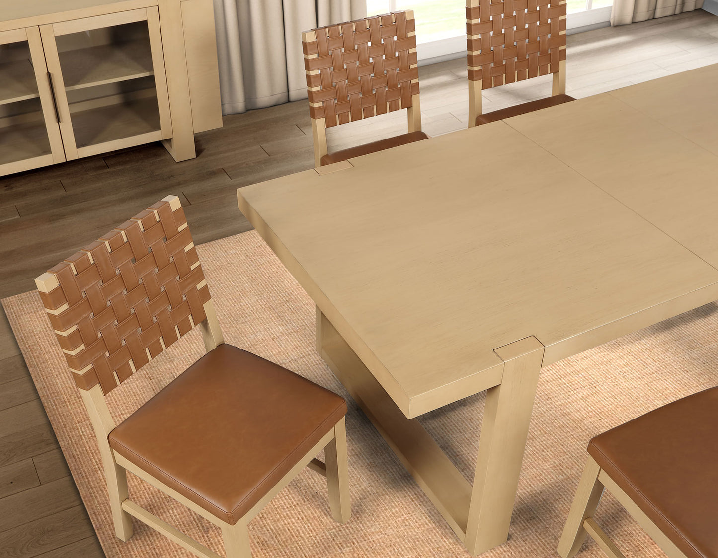 Reid 5-Piece 77-95″ Dining Set, Sand Finish with Camel Vegan Leather