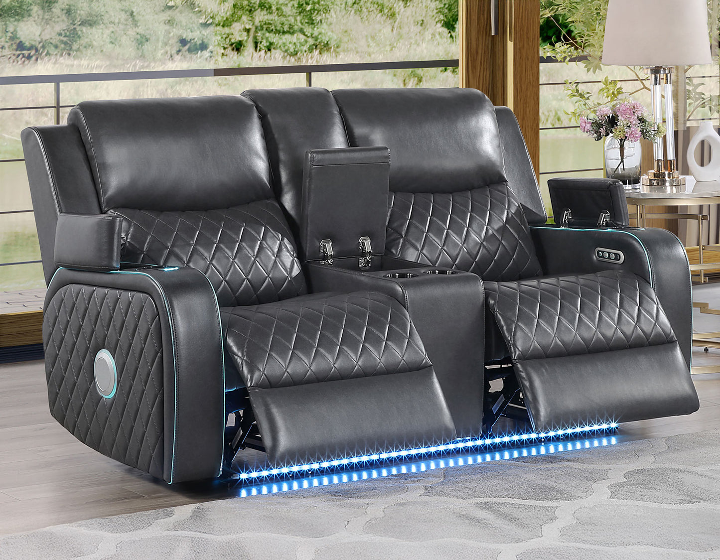 Luna Home Cinema Power Reclining Console Loveseat, Charcoal Vegan Leather