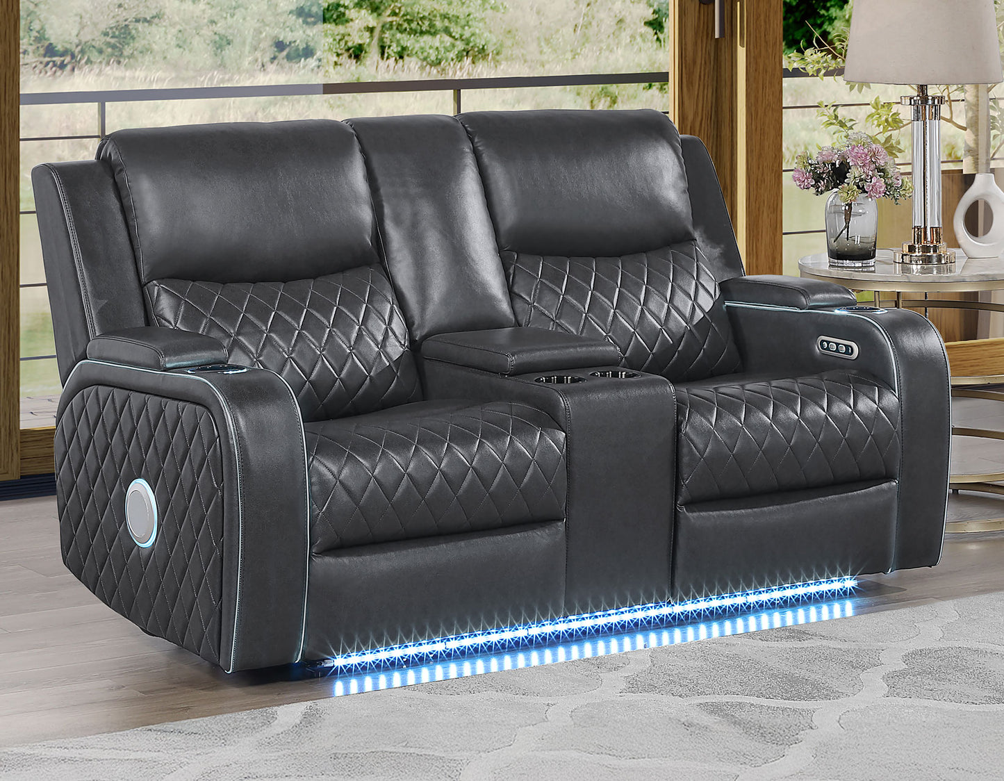 Luna Home Cinema Power Reclining Console Loveseat, Charcoal Vegan Leather