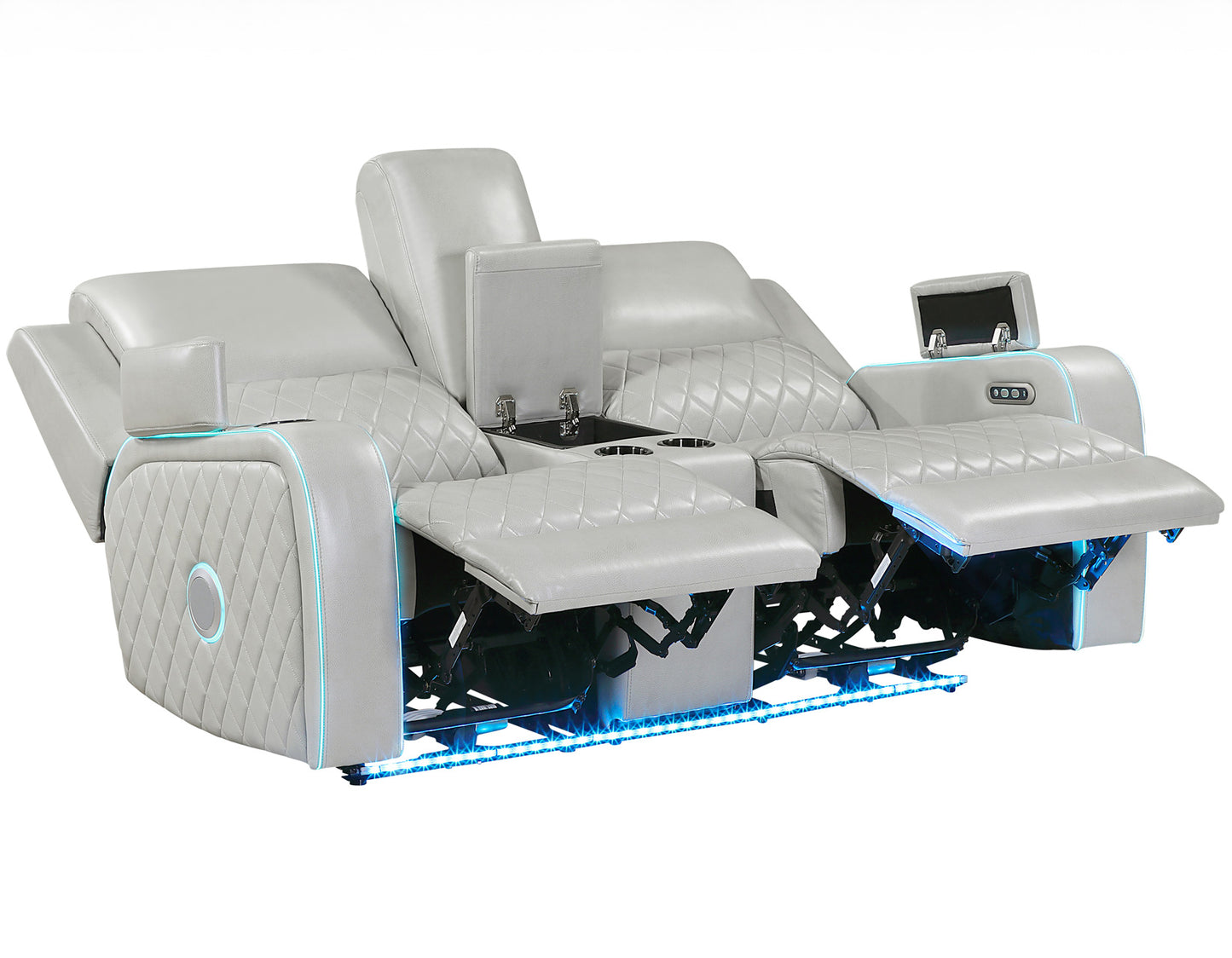 Luna Home Cinema Power Reclining Console Loveseat, Ice Vegan Leather