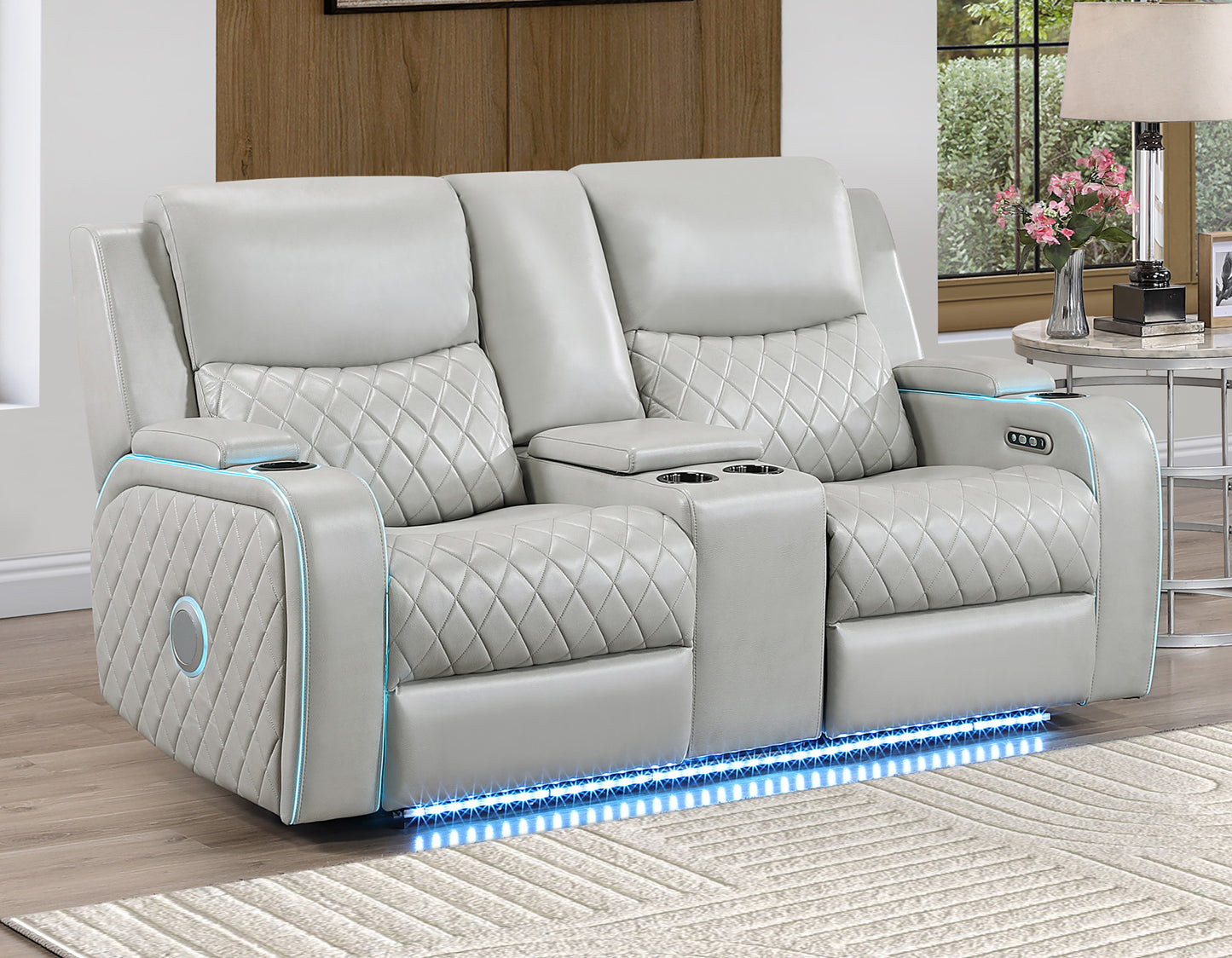 Luna Home Cinema Power Reclining Console Loveseat, Ice Vegan Leather