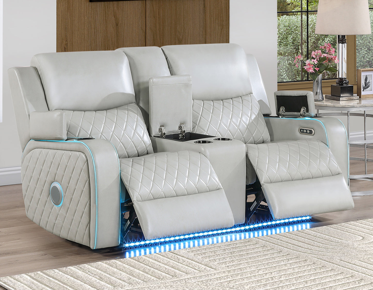 Luna Home Cinema Power Reclining Console Loveseat, Ice Vegan Leather