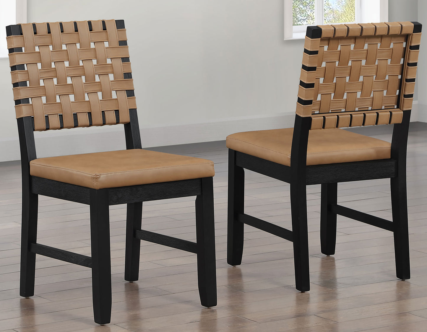 Reid Saddle Brown Vegan Leather Side Chair, Black Finish