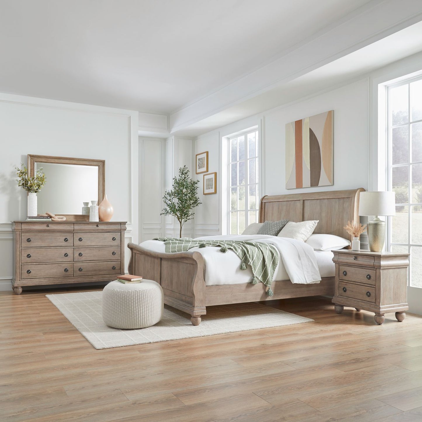 King Sleigh Bed, Dresser & Mirror, Night Stand