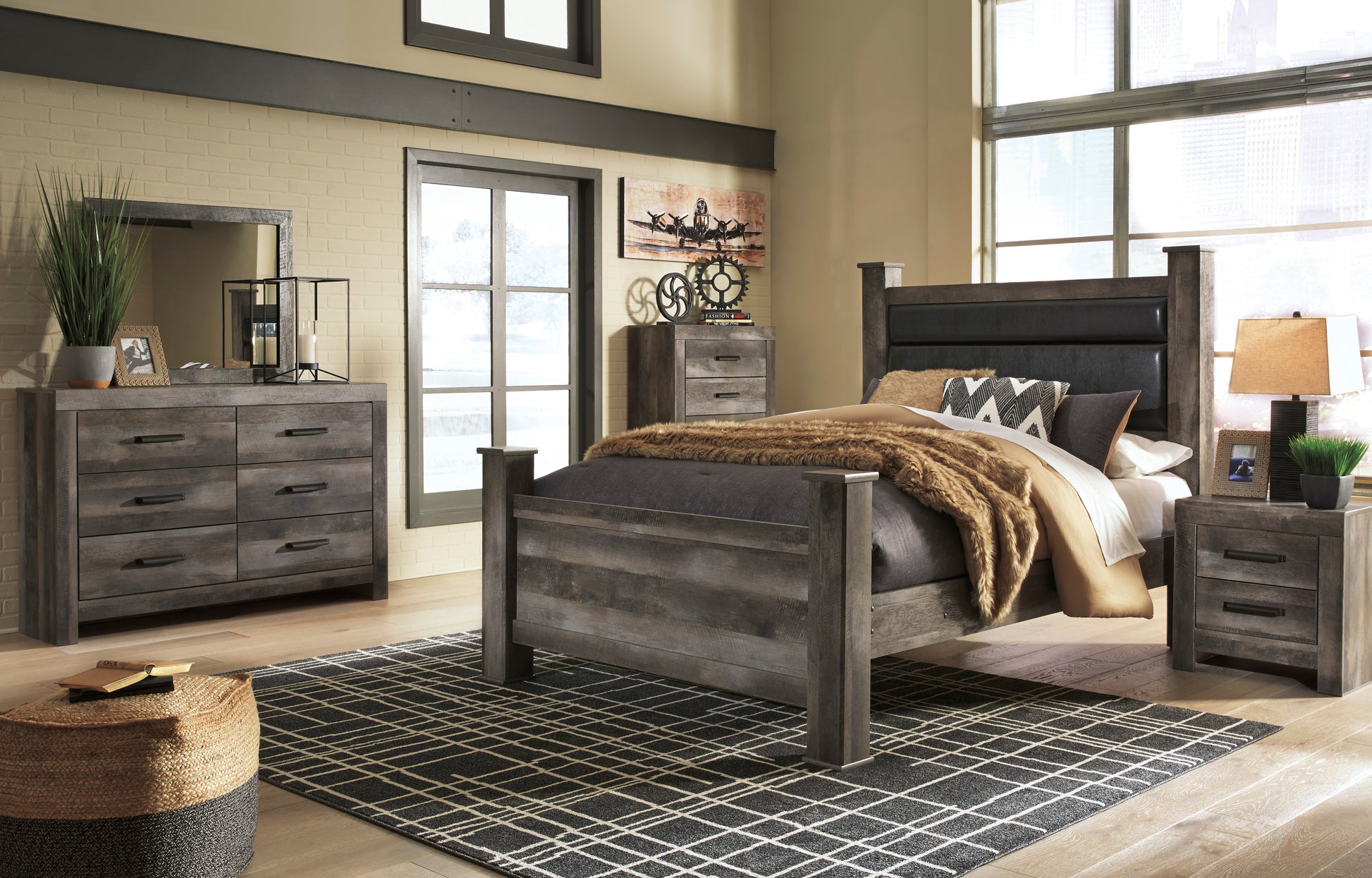 Wynnlow Queen Upholstered Poster Bed, Dresser and Mirror - Discount Furniture Connection