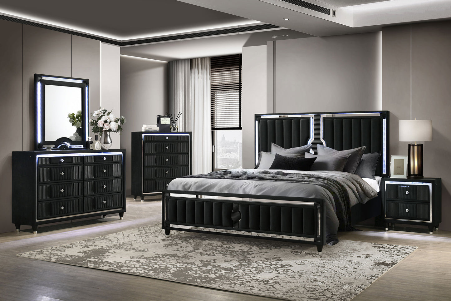 Ravenne 5-drawer Velvet Upholstered LED Chest of Drawers Black