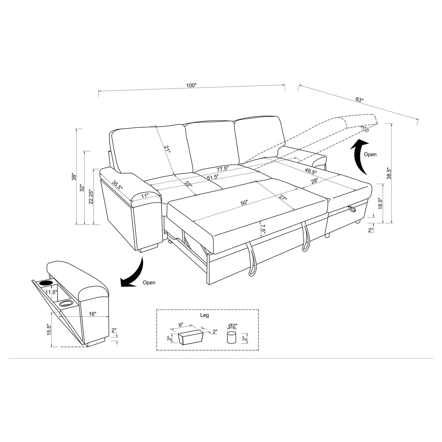 Demko Sleeper Sectional Sofa with Speaker and Storage Chaise Black
