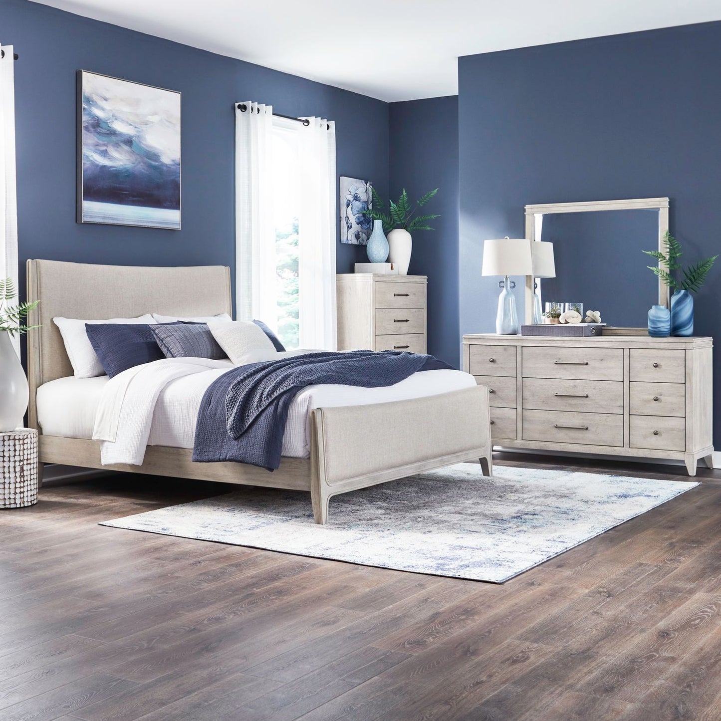 King Uph Bed, Dresser & Mirror, Chest