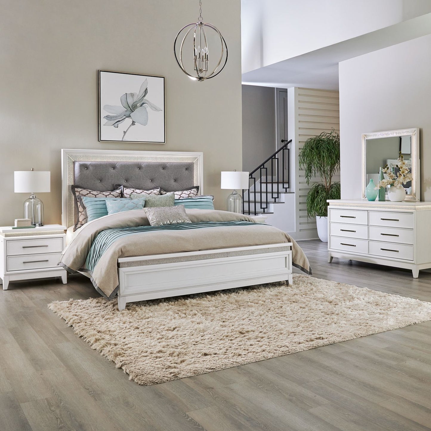 King California Uph Bed, Dresser & Mirror, Night Stand