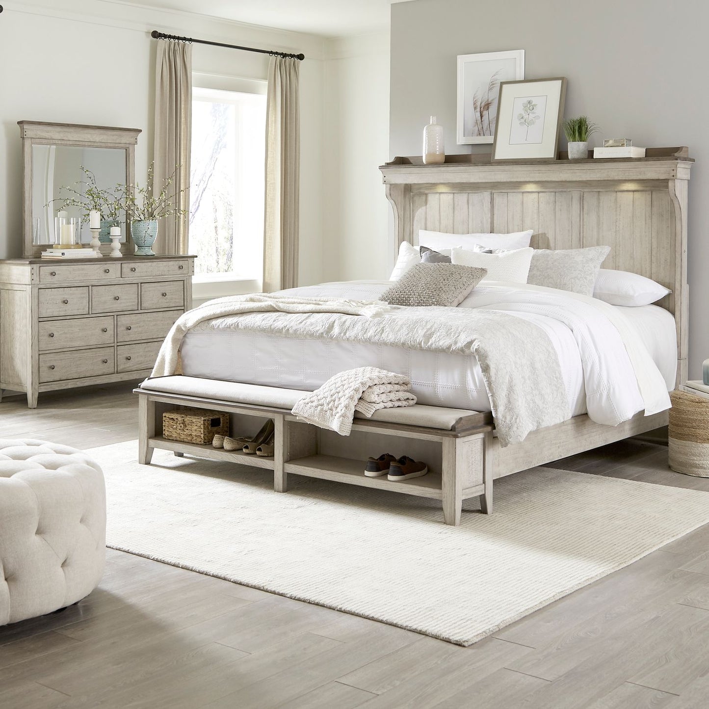 King Mantle Storage Bed, Dresser & Mirror