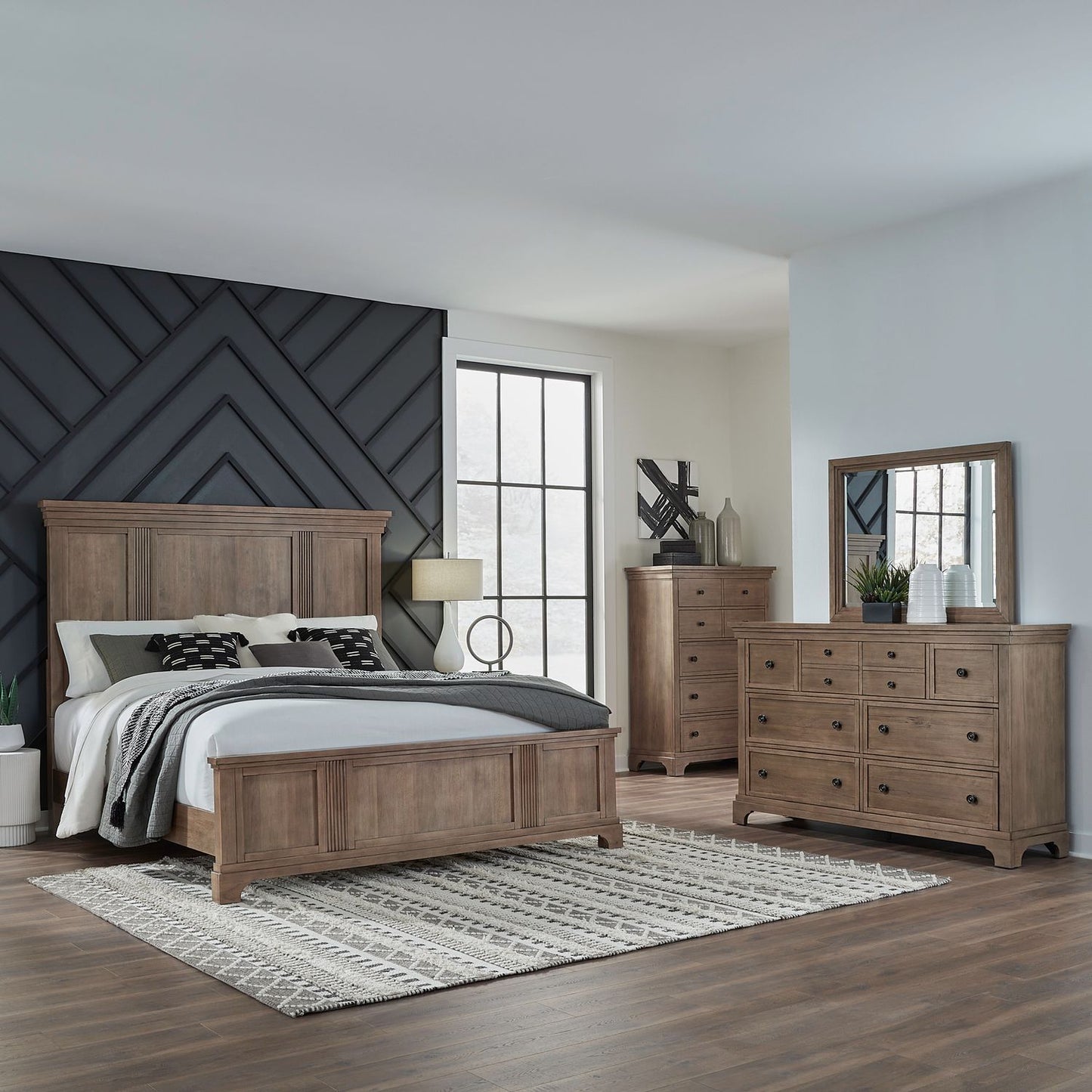 Queen Panel Bed, Dresser & Mirror, Chest