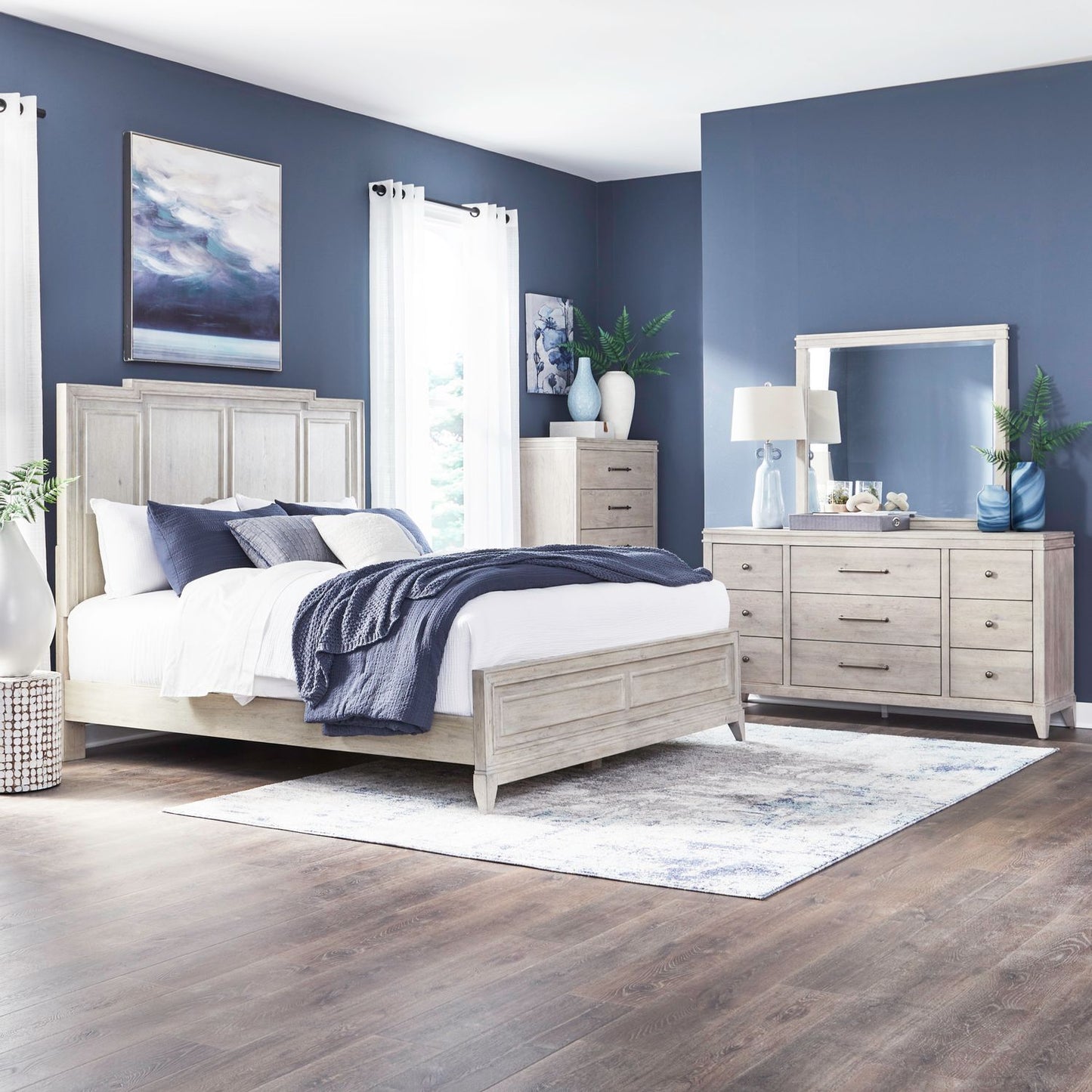 King Panel Bed, Dresser & Mirror, Chest