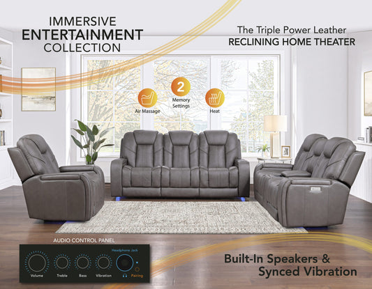 Daniel Triple Power Home Theater Immersive Entertainment Reclining Set, Leather

87″ Sofa, Drop-Down Console
75″ Console Loveseat
Recliner