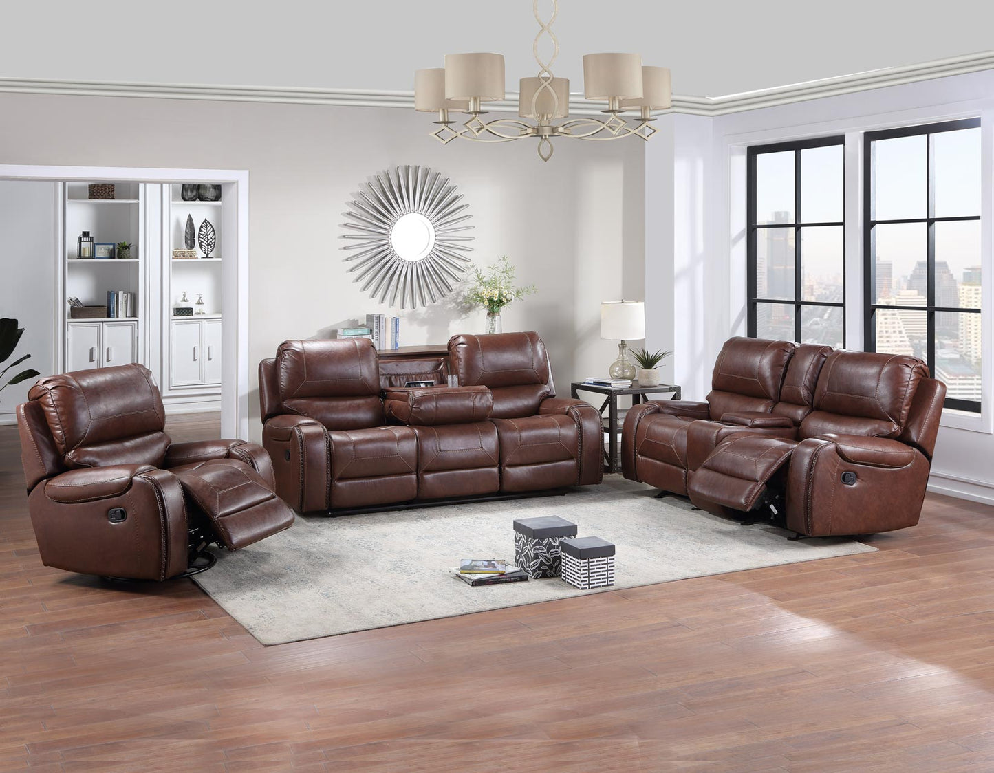 Keily Manual Reclining, Brown

86″ Sofa, Drop-Down Console
75″ Console Loveseat, Glider
Recliner, Glider