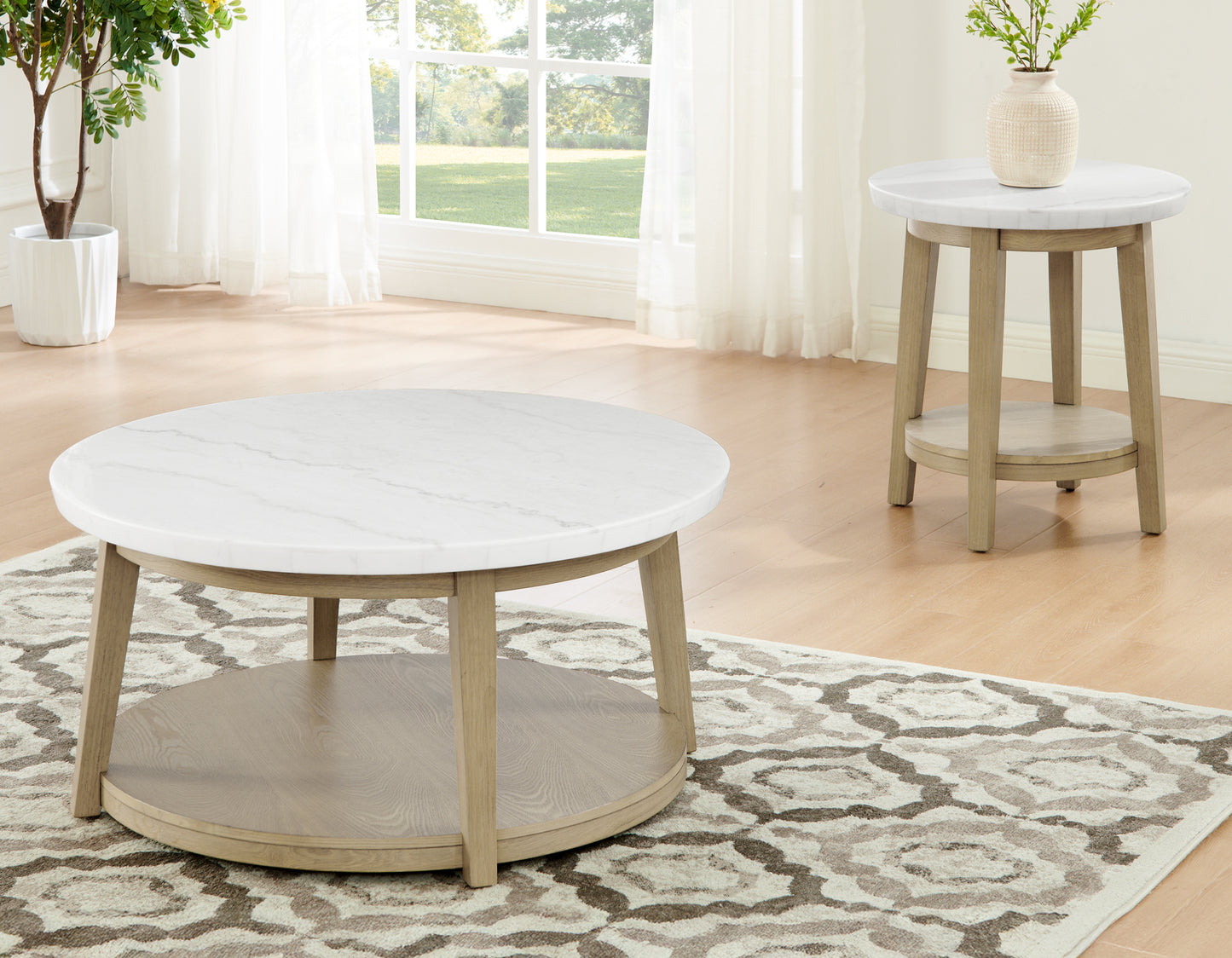 Vida, Round 36″ Cocktail Table, White Marble Top, Castered