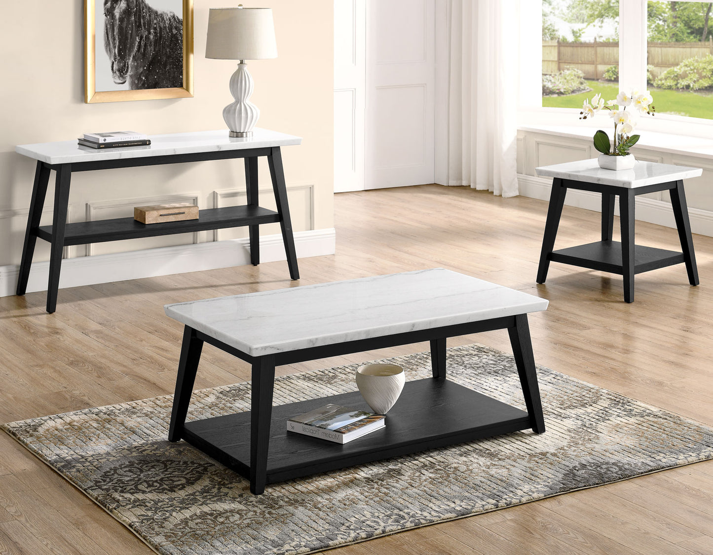 Vida, End Table, White Marble Top, Black