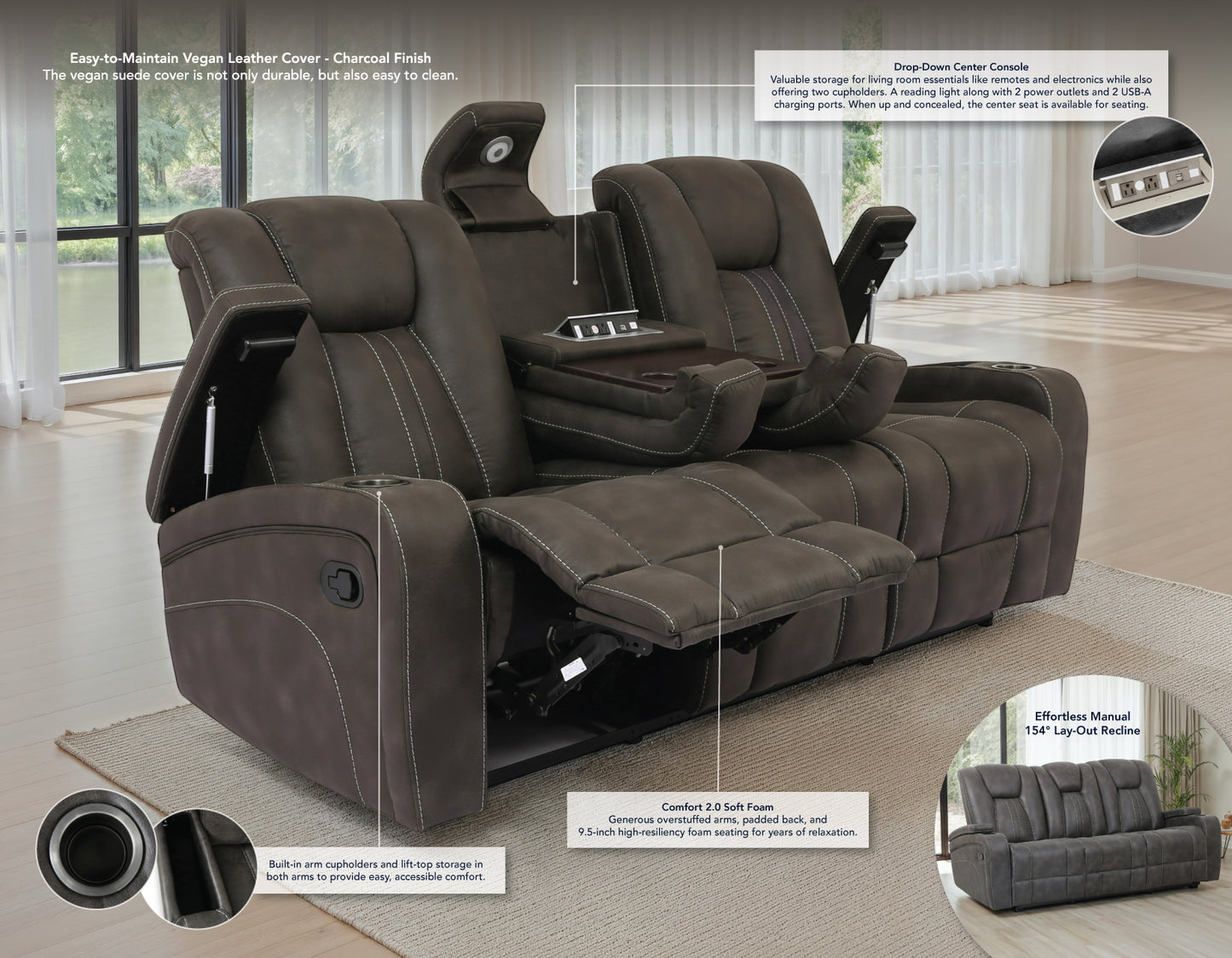 Marlow Sofa, Manual Reclining, Charcoal